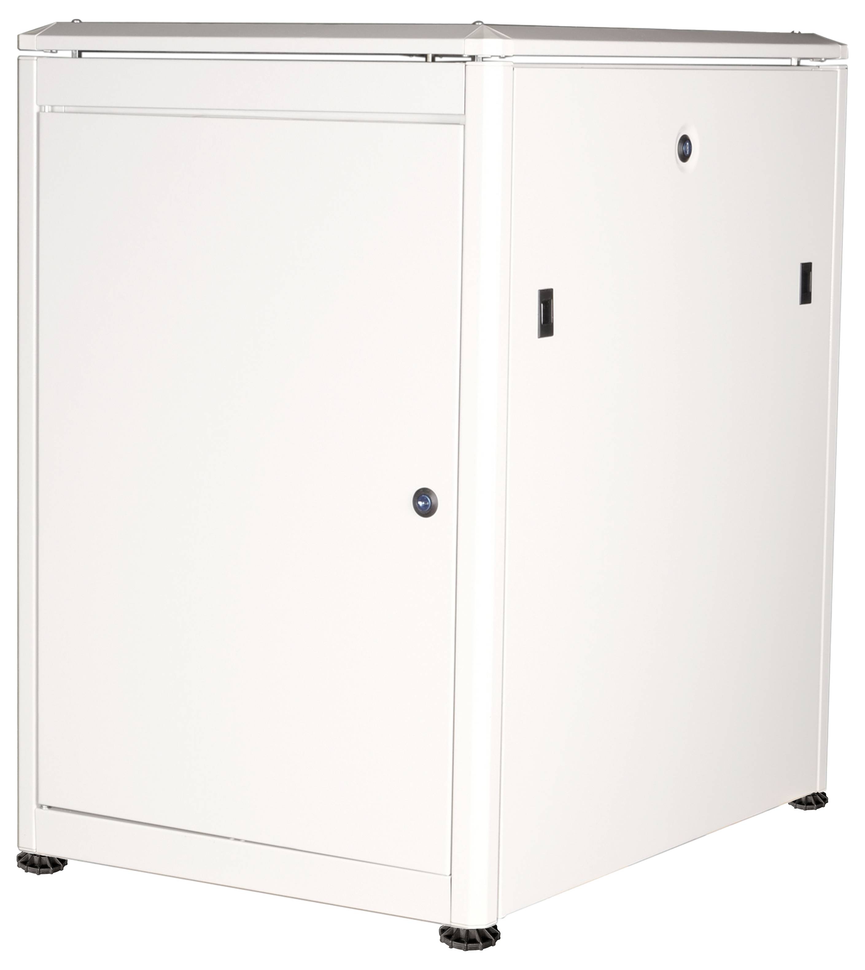 Ein weißer, abschließbarer Schrank mit glatter Oberfläche und kleinen schwarzen Türgriffen. Ideal zur sicheren Aufbewahrung von Gegenständen.