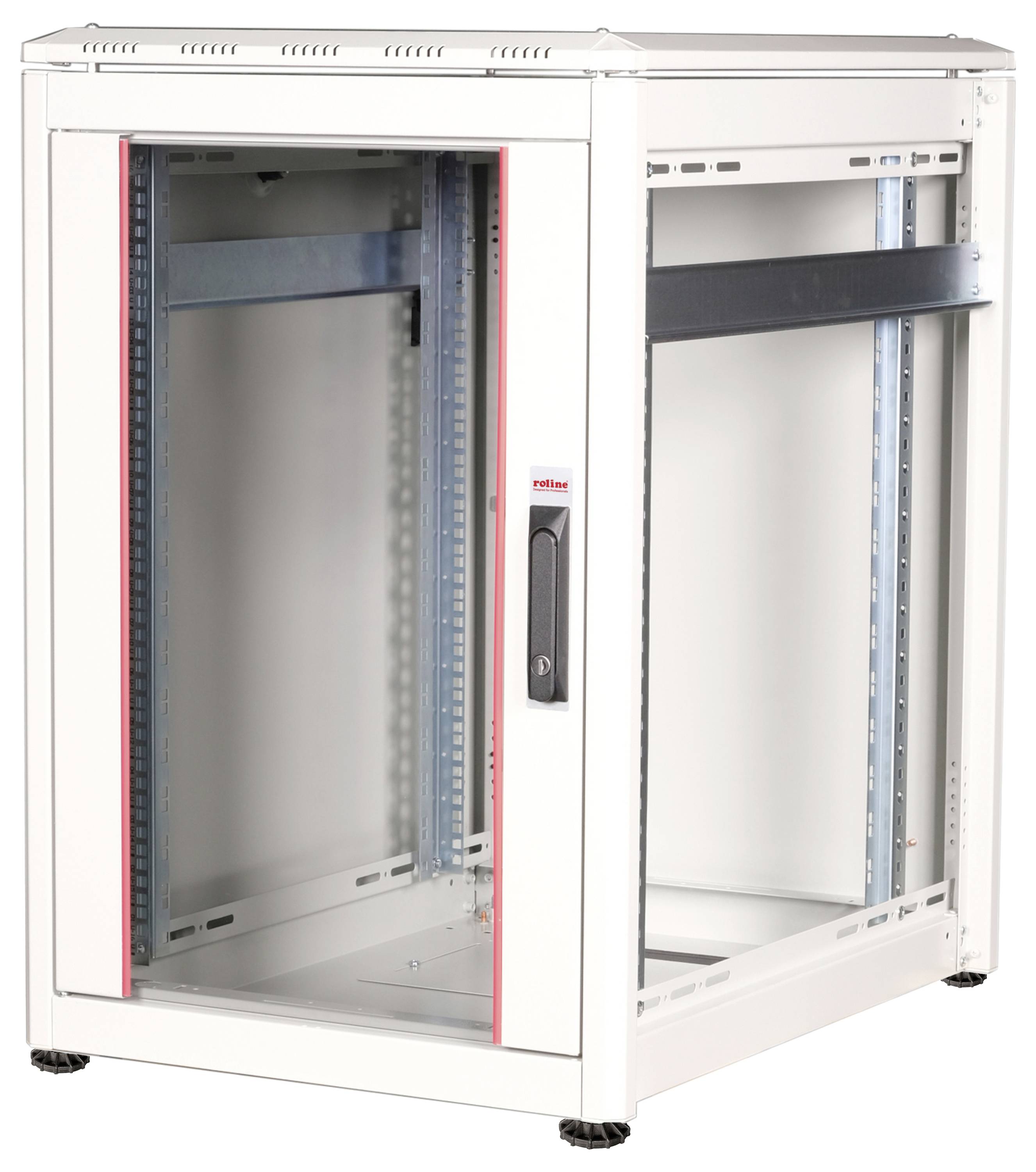 Leerer weißer Serverschrank mit Glastür, Stehfüßen und Belüftungsöffnungen an der Oberseite, geeignet zur Aufnahme von IT-Infrastruktur.
