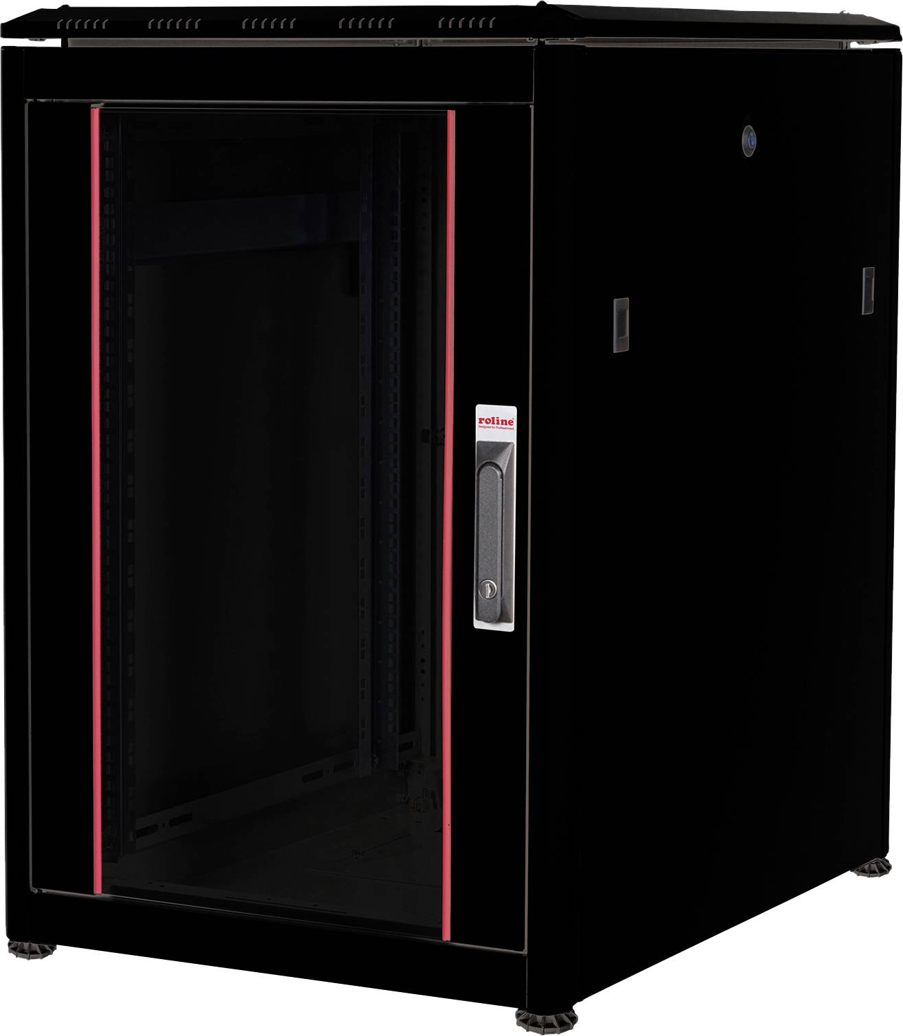 Schwarzer Server-Schrank mit Glastür und roten Akzenten, geeignet für die Aufbewahrung und Organisation von IT-Geräten in Rechenzentren.