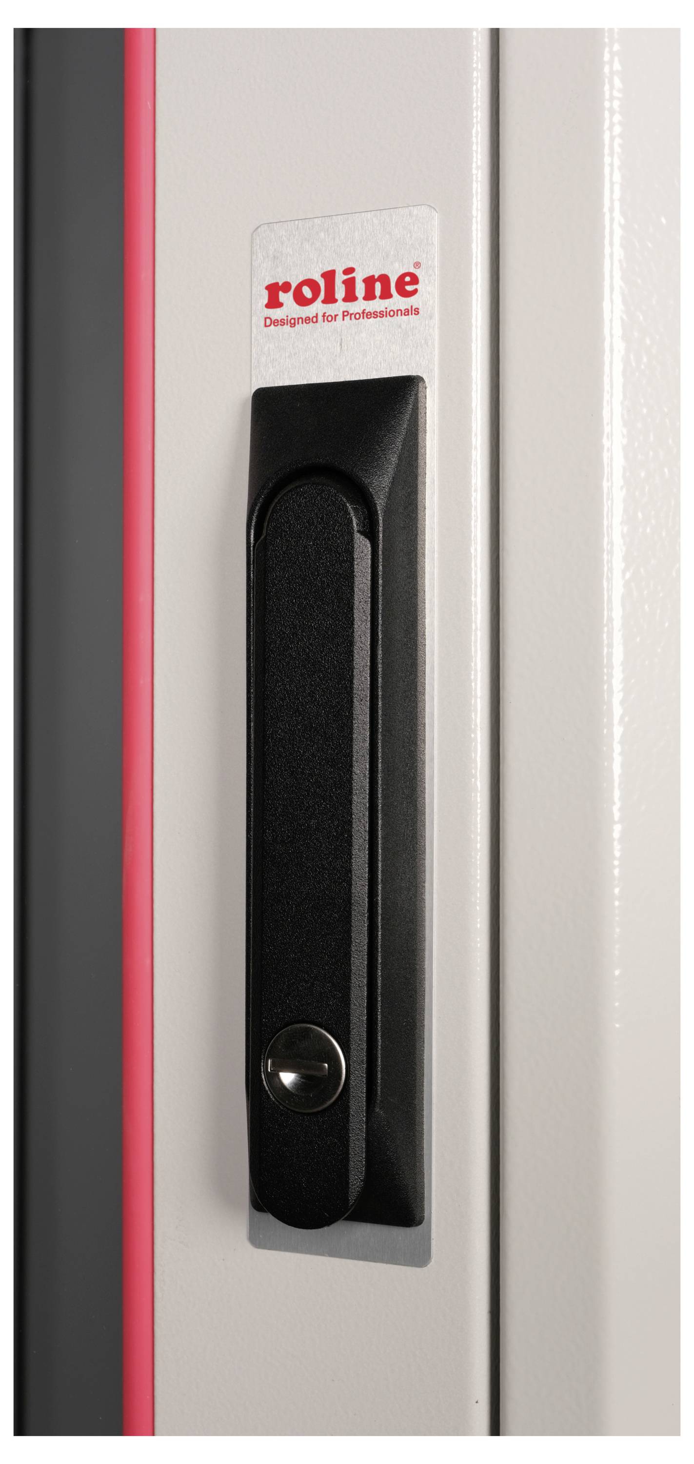 Die Abbildung zeigt einen schwarzen Türgriff an einem grauen Gehäuse. Oben befindet sich das rote Logo 'roline', womöglich das Markenzeichen.