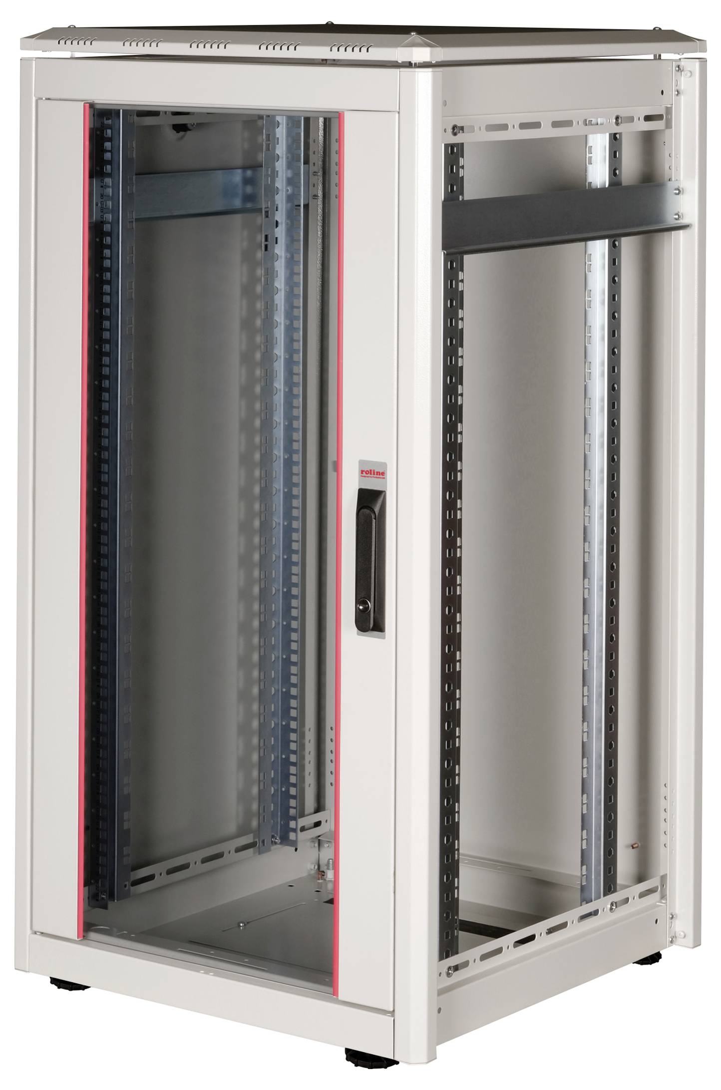 Ein leeres, graues Serverrack-Gehäuse mit Glastür, offenem Inneren und schwarzem Griff, geeignet für die Installation von Netzwerkhardware.