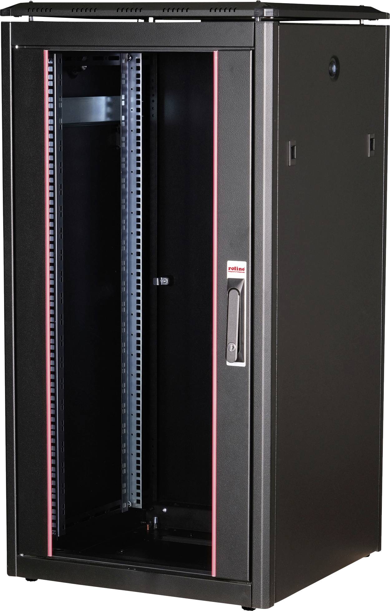 Schwarzes Server-Rack mit Glastür, Bereich für Serverhardware, rote Zierleiste an der Tür, geeignet zur Aufbewahrung von IT-Geräten.