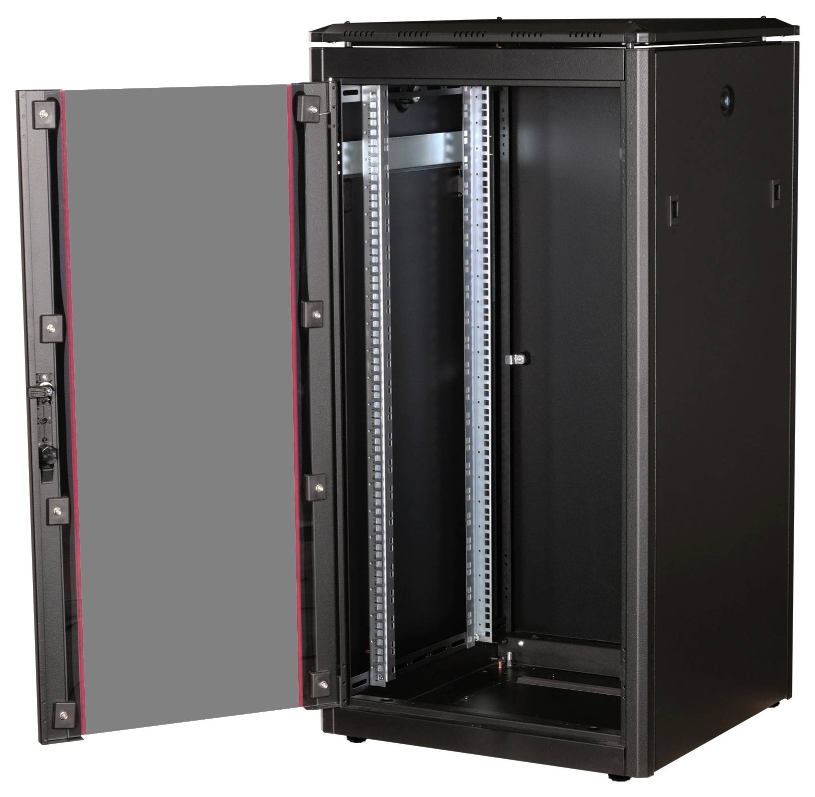 Ein offener, leerer schwarzer Serverschrank mit zugänglichen Montageschienen, geeignet zur Installation von Server-Hardware.