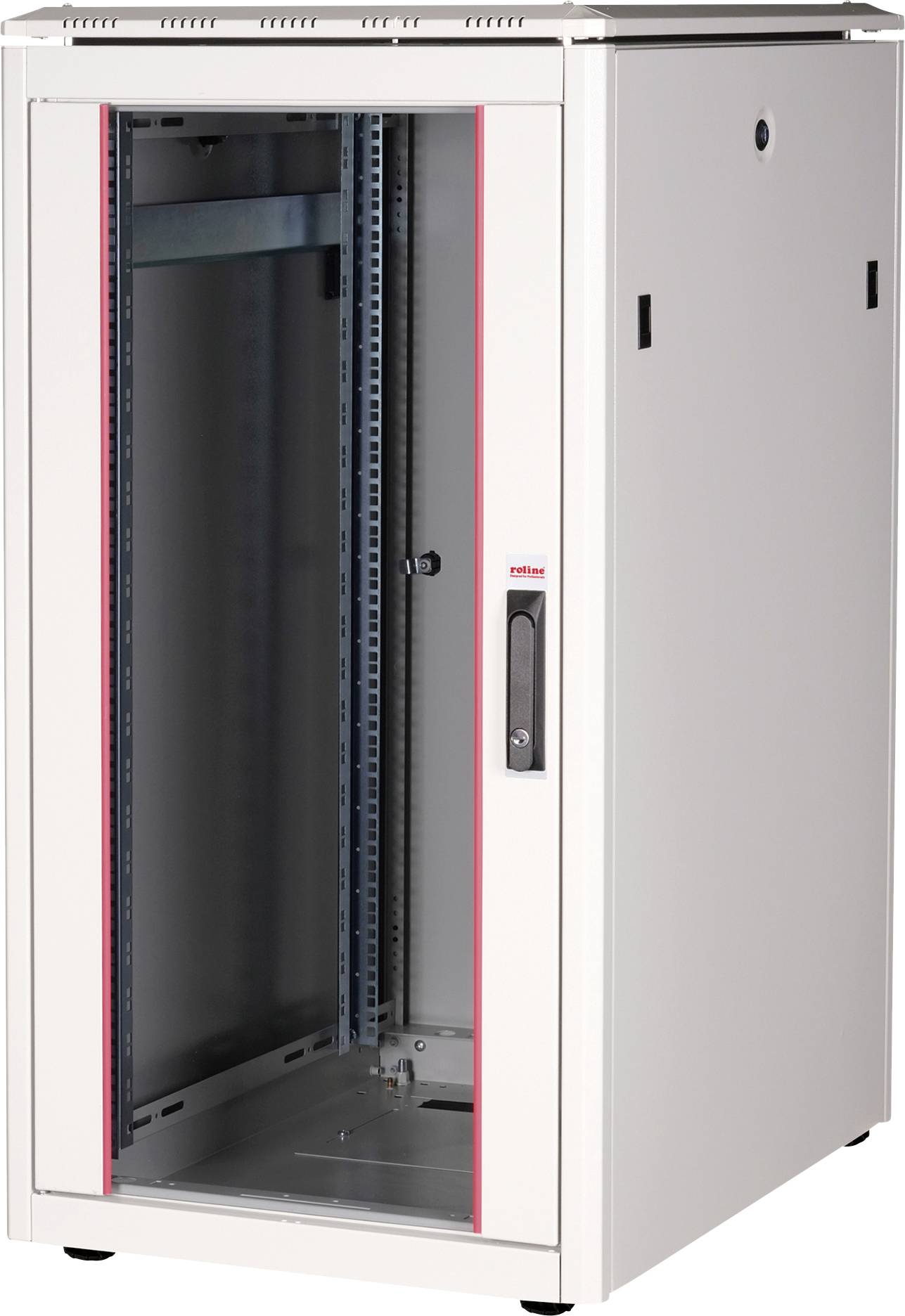 Ein offener, leerer Serverschrank aus Metall mit Tür, geeignet zur Aufnahme von IT-Ausrüstung und zur Bereitstellung von Kühlung und Schutz.