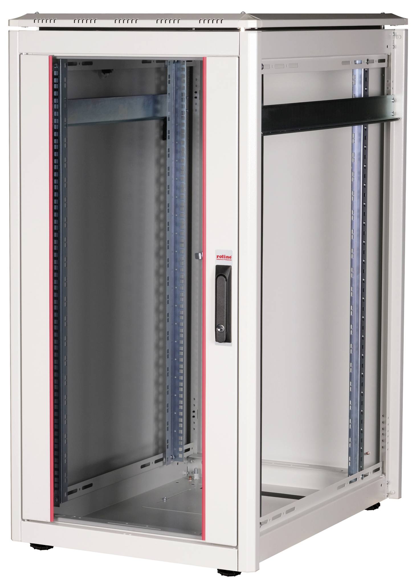 Ein leeres Server-Rack mit Glastür, silbernem Rahmen und rotem Akzent, geeignet zur Unterbringung von IT-Geräten in einem Serverraum.