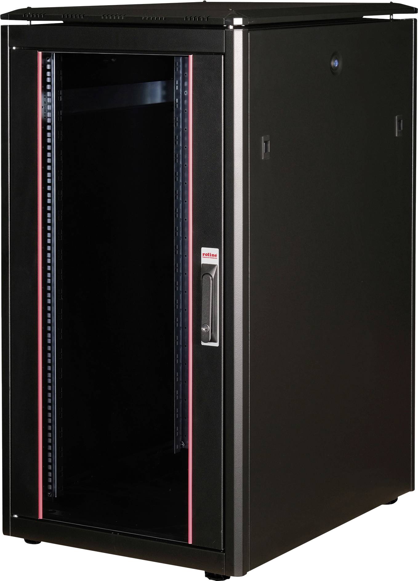 Ein schwarzes Serverrack mit rotem Streifen an der Tür, von vorne geöffnet.