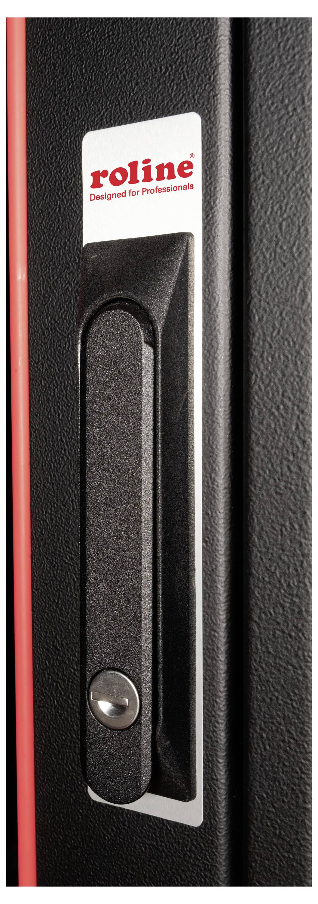 Türgriff eines schwarzen Schranks mit der Aufschrift 'roline Designed for Professionals' oberhalb des Griffs.