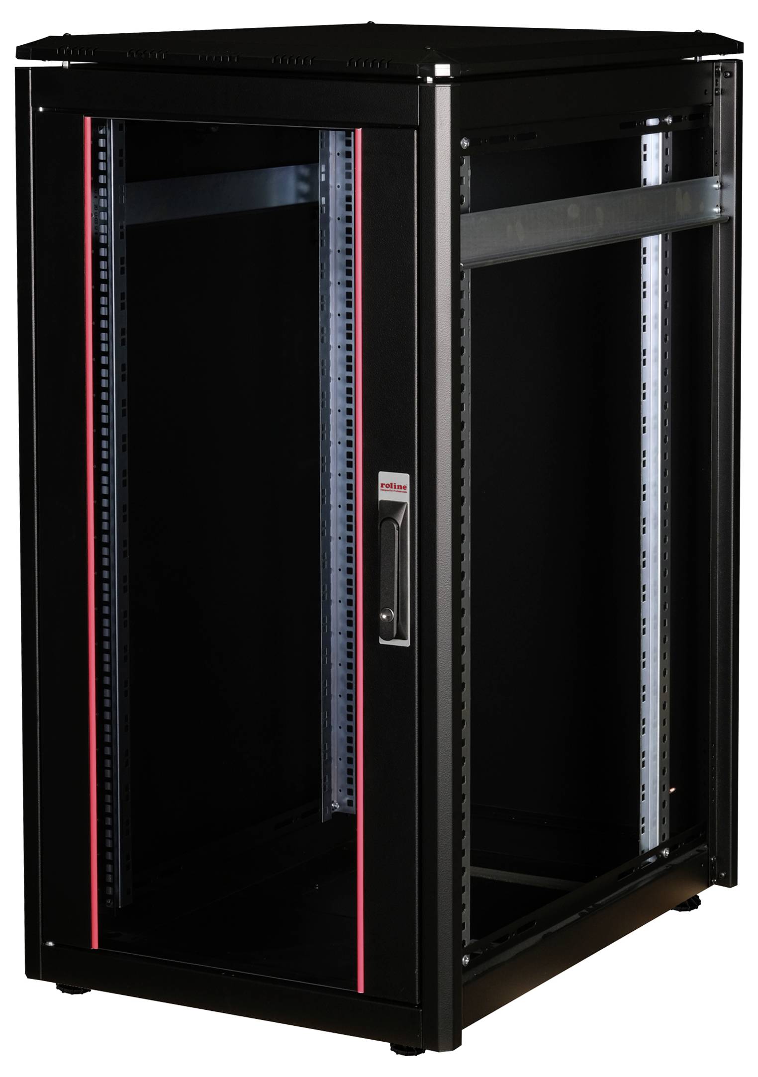 Schwarzer Server-Rack-Schrank mit Glasschiebetür, geeignet zur Aufbewahrung von IT- und Netzwerkgeräten in Rechenzentren.