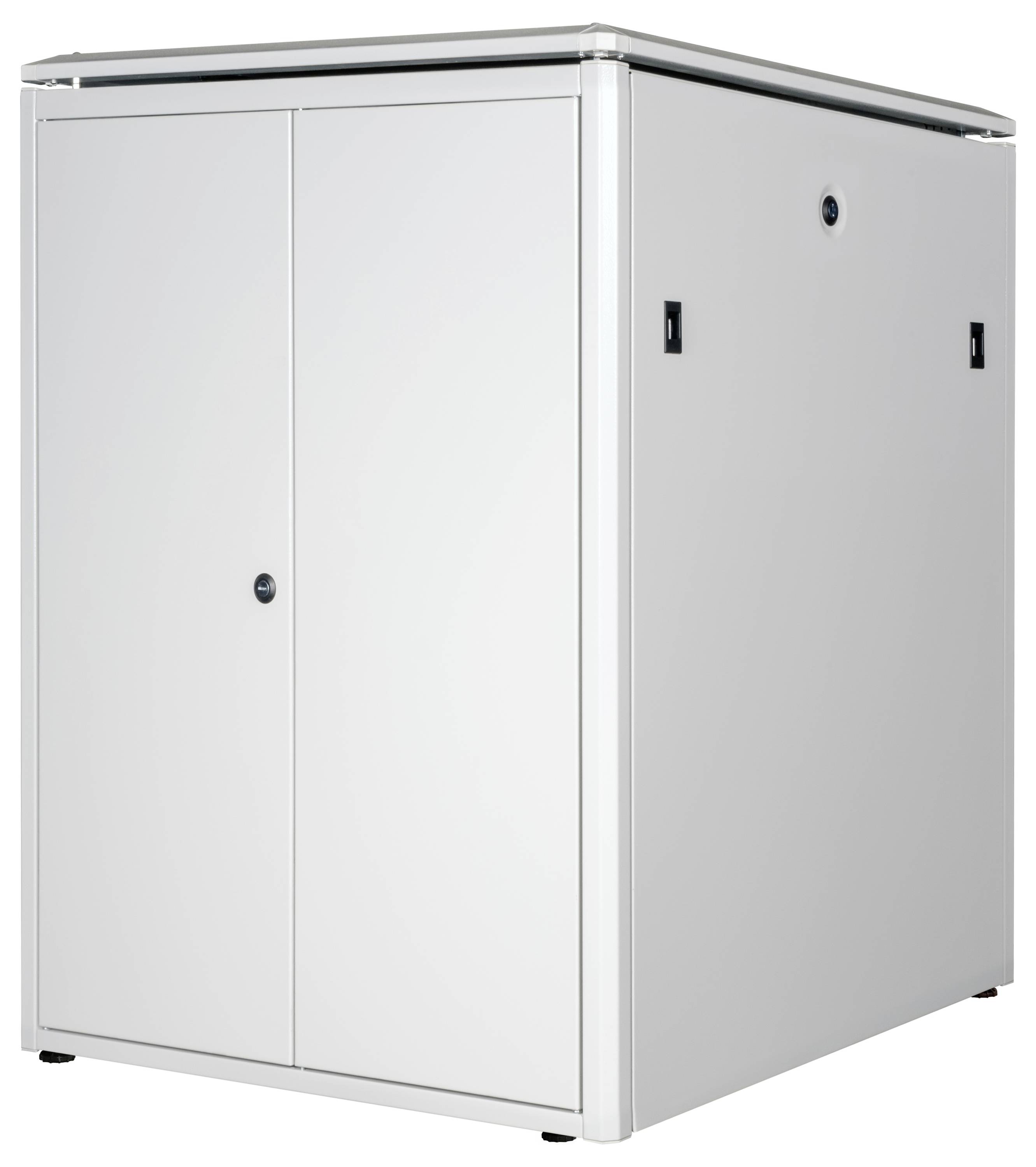 Ein weißer Metallschrank mit zwei Türen, geeignet für die Lagerung und Organisation von Gegenständen in einer Werkstatt oder einem Büro.