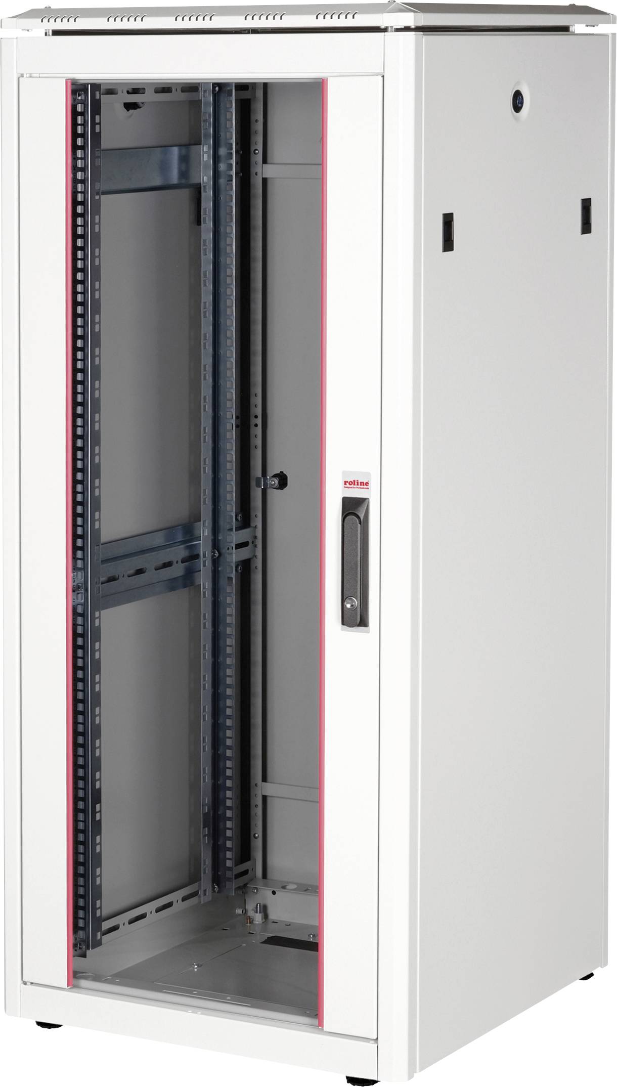 Ein leerer, weißer Server-Rack-Schrank mit Glastür und roten Akzenten, geeignet für Netzwerk- und IT-Equipment in Büro- und Serverräumen.