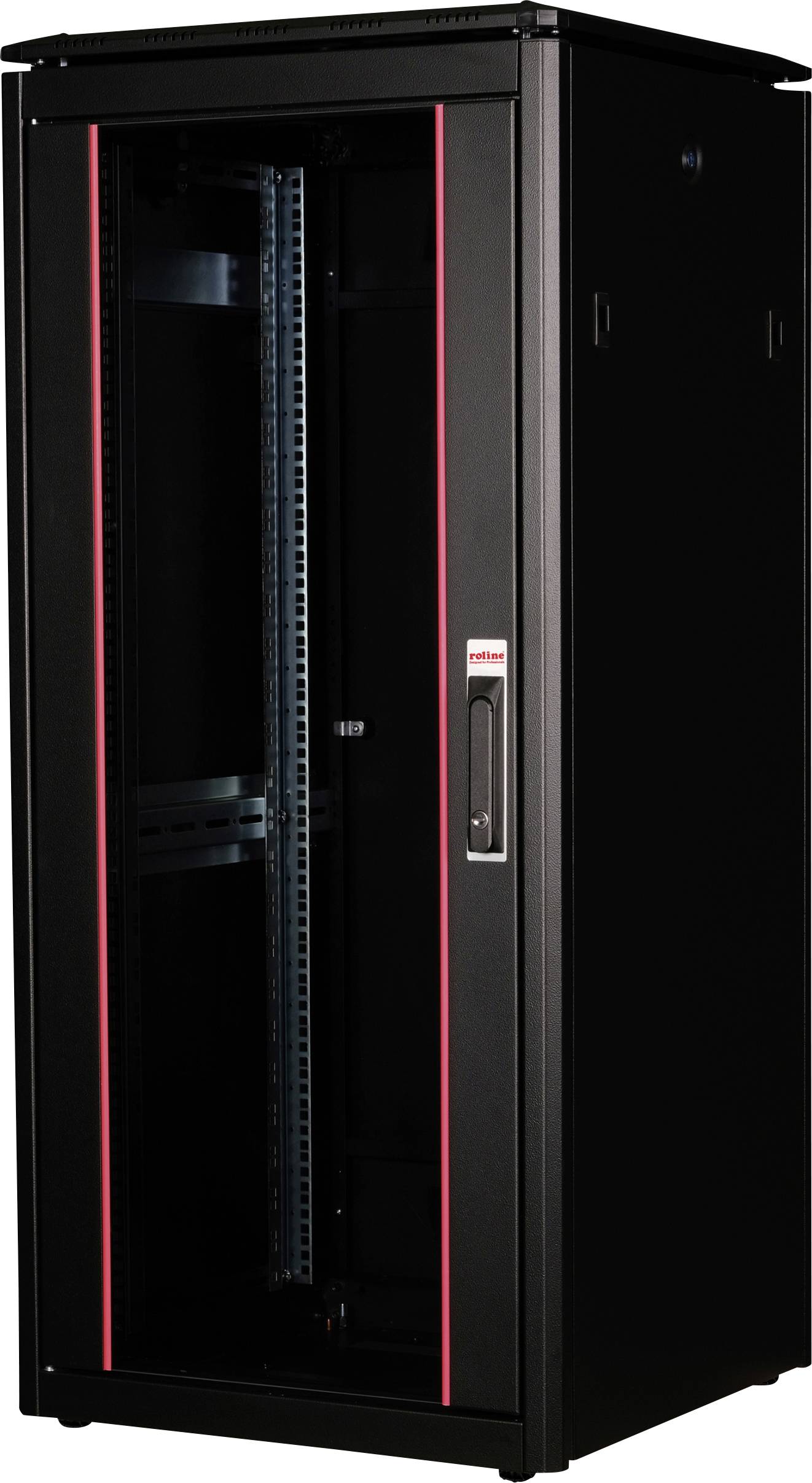 Ein schwarzer, stehender Server-Schrank mit rotem Streifen, geöffnet und leer, für die Unterbringung von IT-Geräten.