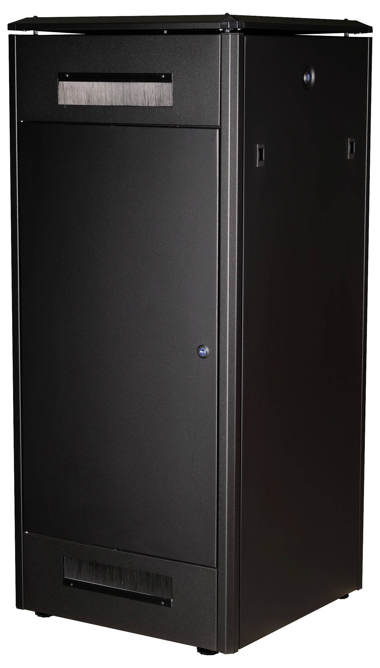 Ein großer schwarzer Metallschrank mit einer Tür auf der Vorderseite, häufig für die Lagerung von technischem Gerät oder Elektronik genutzt.