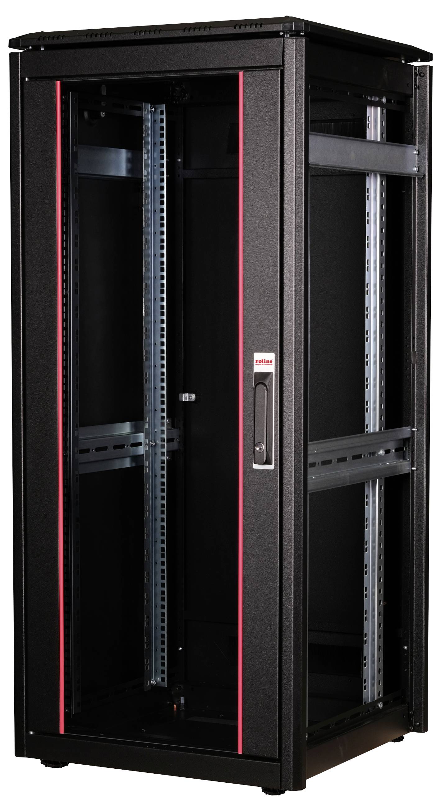 Ein schwarzes Server-Rack mit Glastür, roten Streifen an den Kanten und Montageschienen im Inneren, geeignet zur Unterbringung von IT-Ausrüstung.