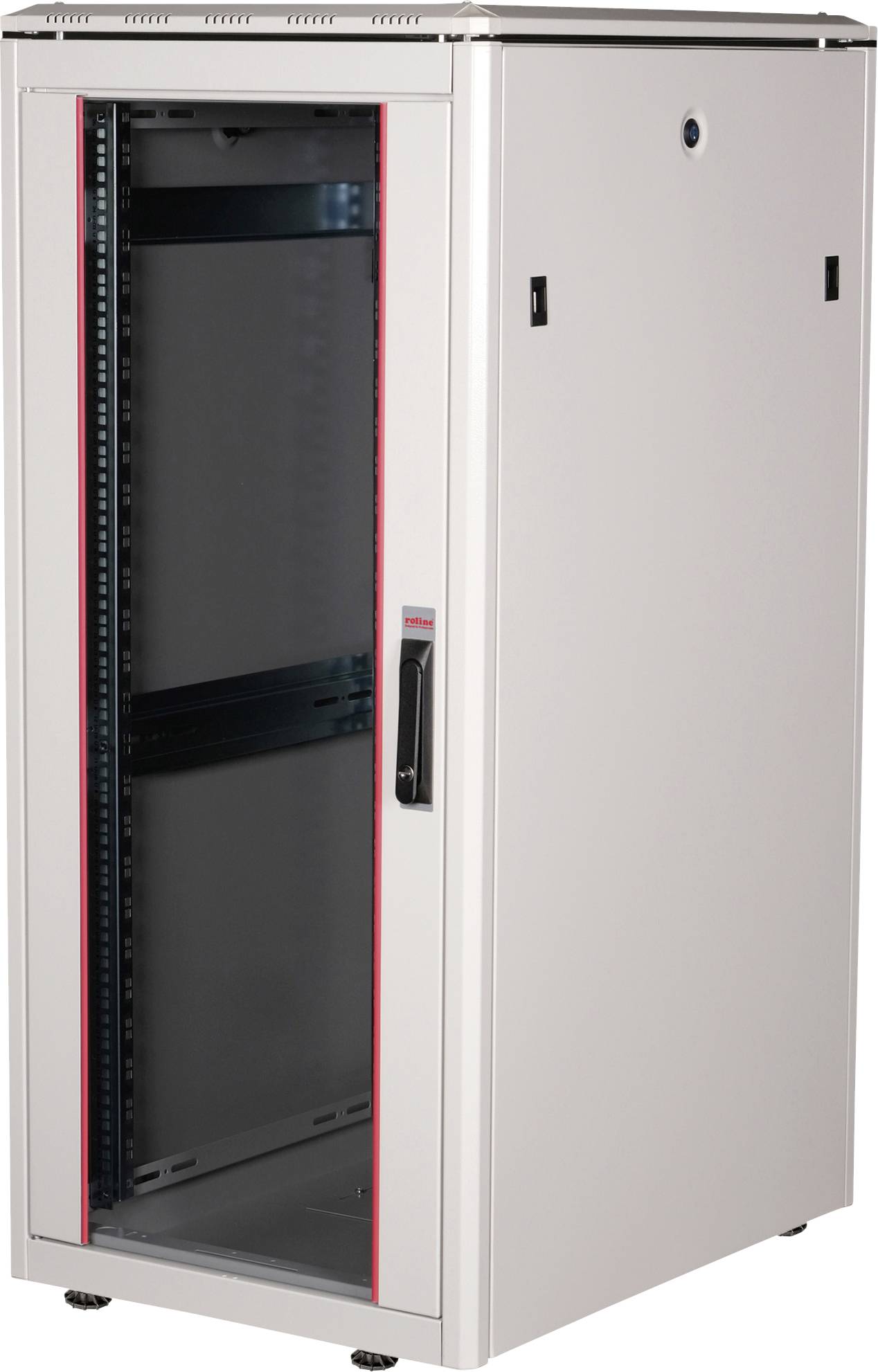 Schmales, stehendes Computer-Rack-Gehäuse, weiß, mit Glastür und schwarzen Akzenten, geeignet für Server und Netzwerkausrüstung.