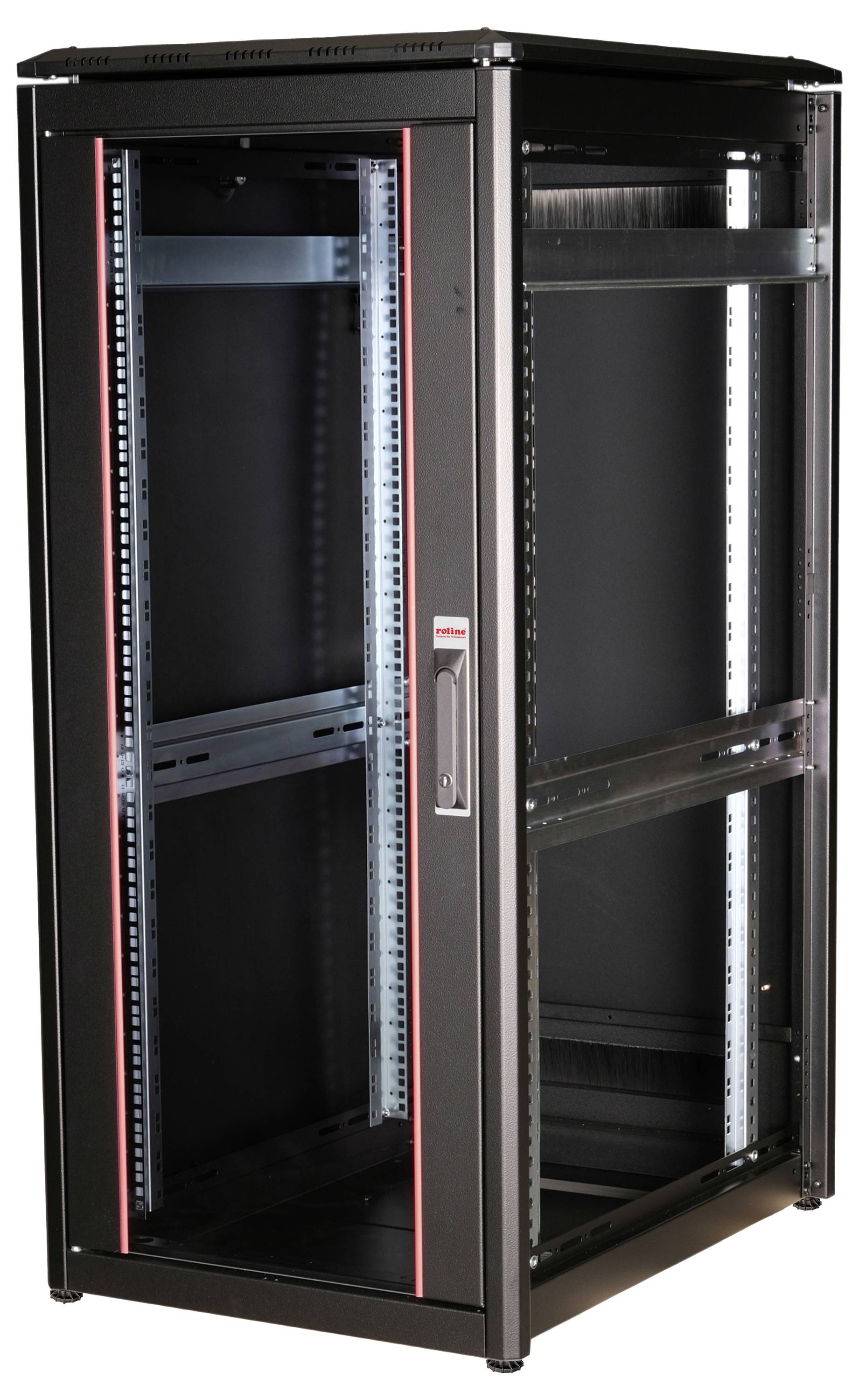 Ein schwarzer Serverschrank mit Glastür und Metallrahmen, mögliches Gehäuse für IT- oder Netzwerkausrüstung.