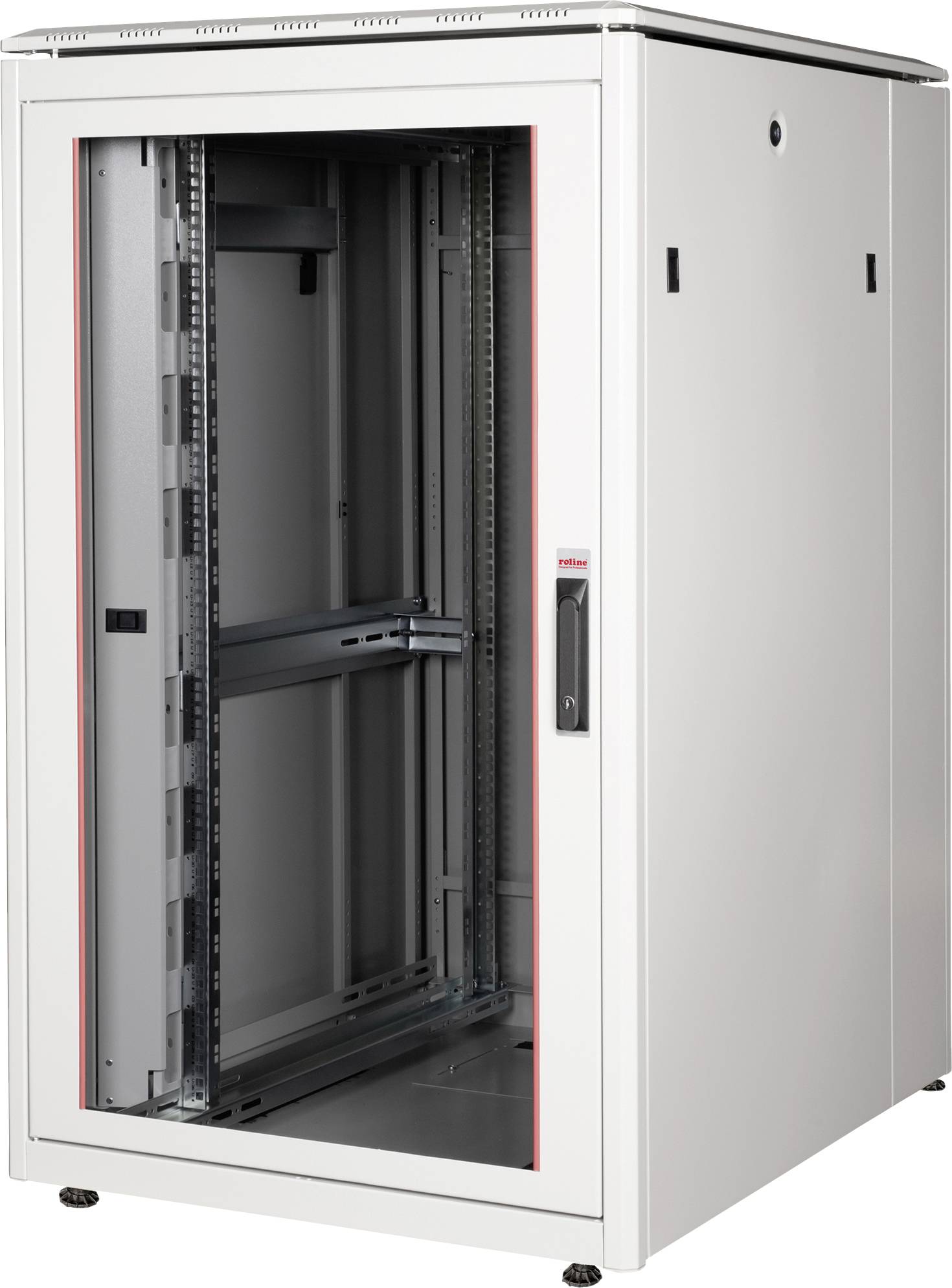Ein weißer Server-Rack-Schrank mit Glastür, teilweise geöffnet. Enthält Schienensysteme zur Aufnahme von IT-Geräten.