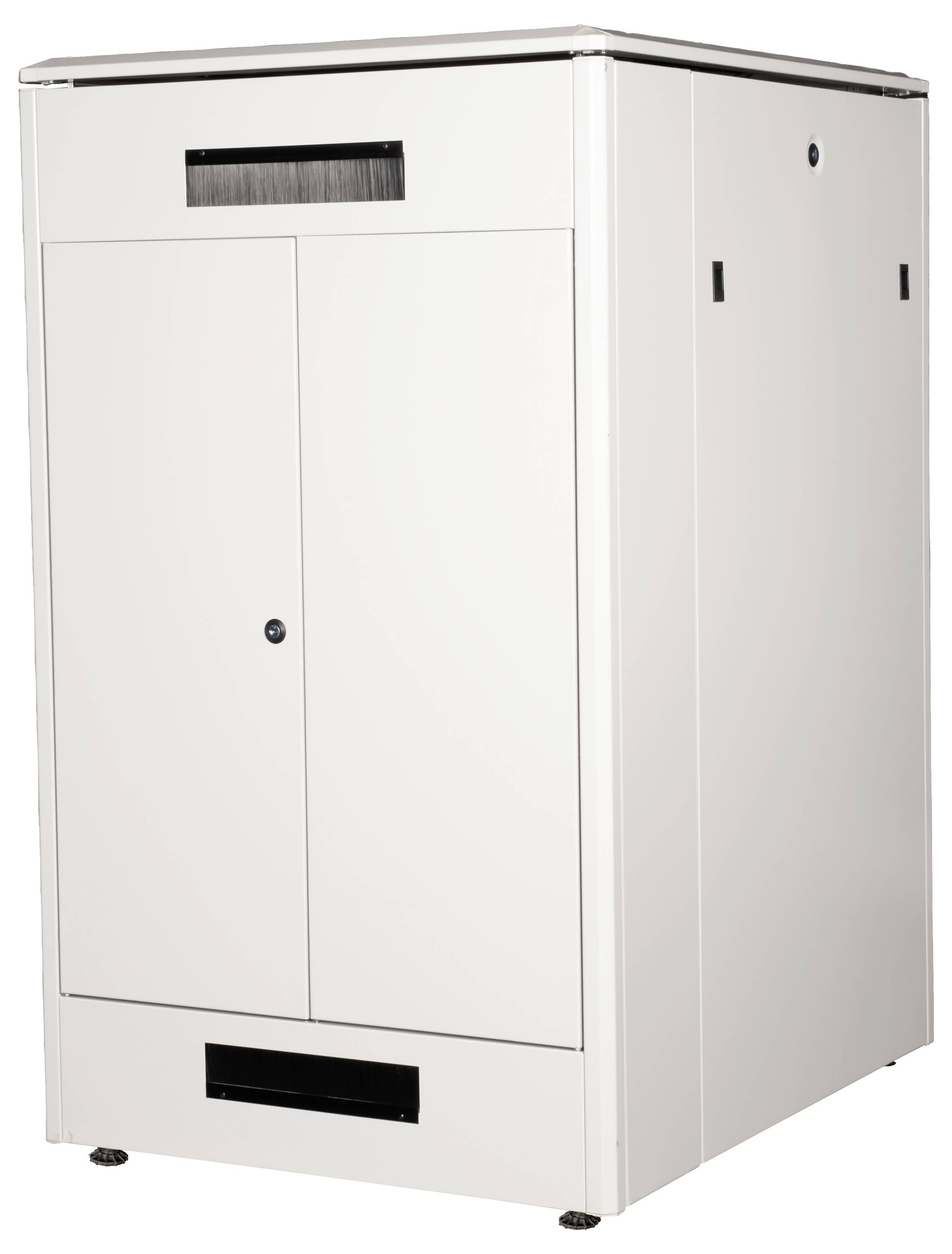 Weißer Metallschrank mit zwei Türen und Lüftungsschlitzen, geeignet für Büros oder industrielle Nutzung.