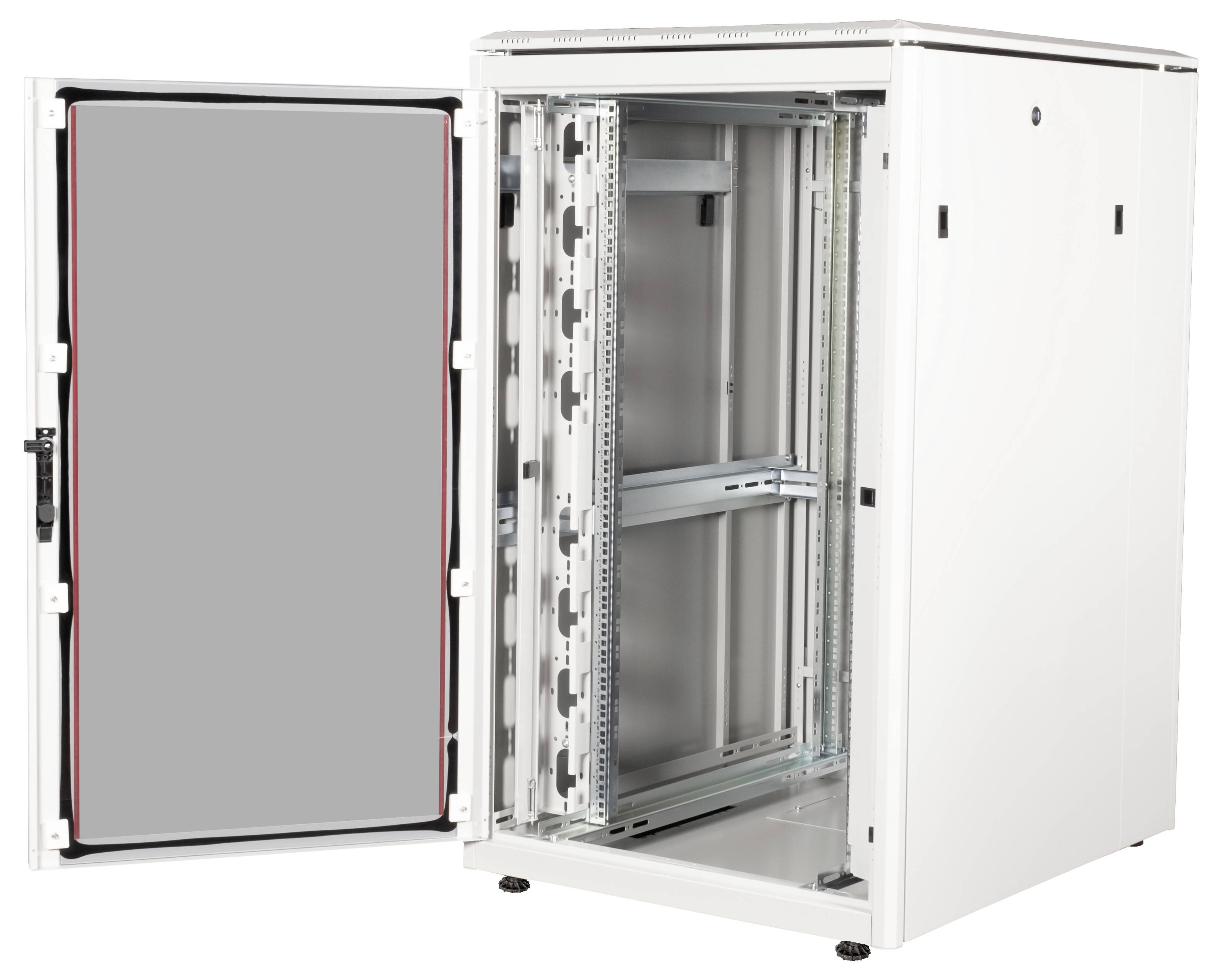 Weißer offener Netzwerk- oder Server-Rack-Schrank ohne installierte Hardware, gezeigt von schräg oben mit sichtbarer Vorder- und Seitenansicht.