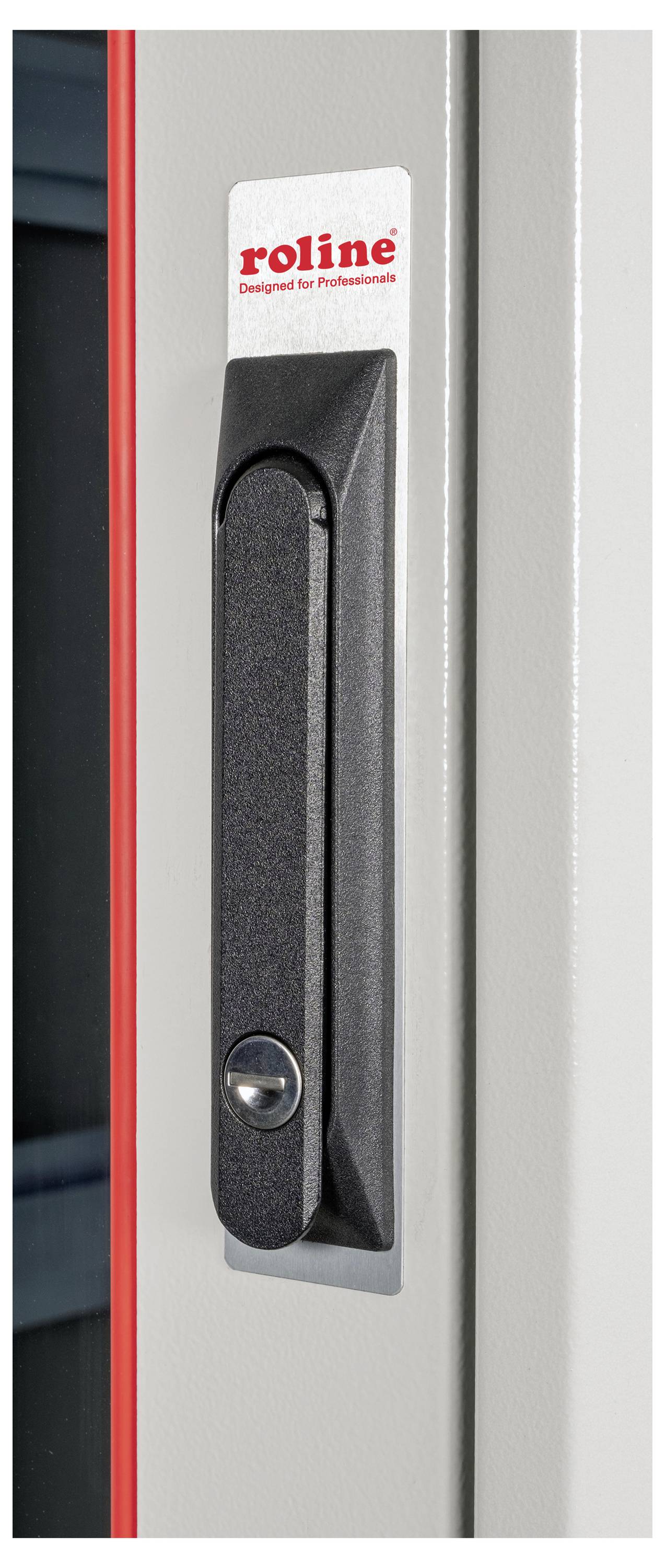 Türgriff an einem Metallgehäuse mit roter Umrandung und einer Aufschrift 'roline' oben auf dem Griff.
