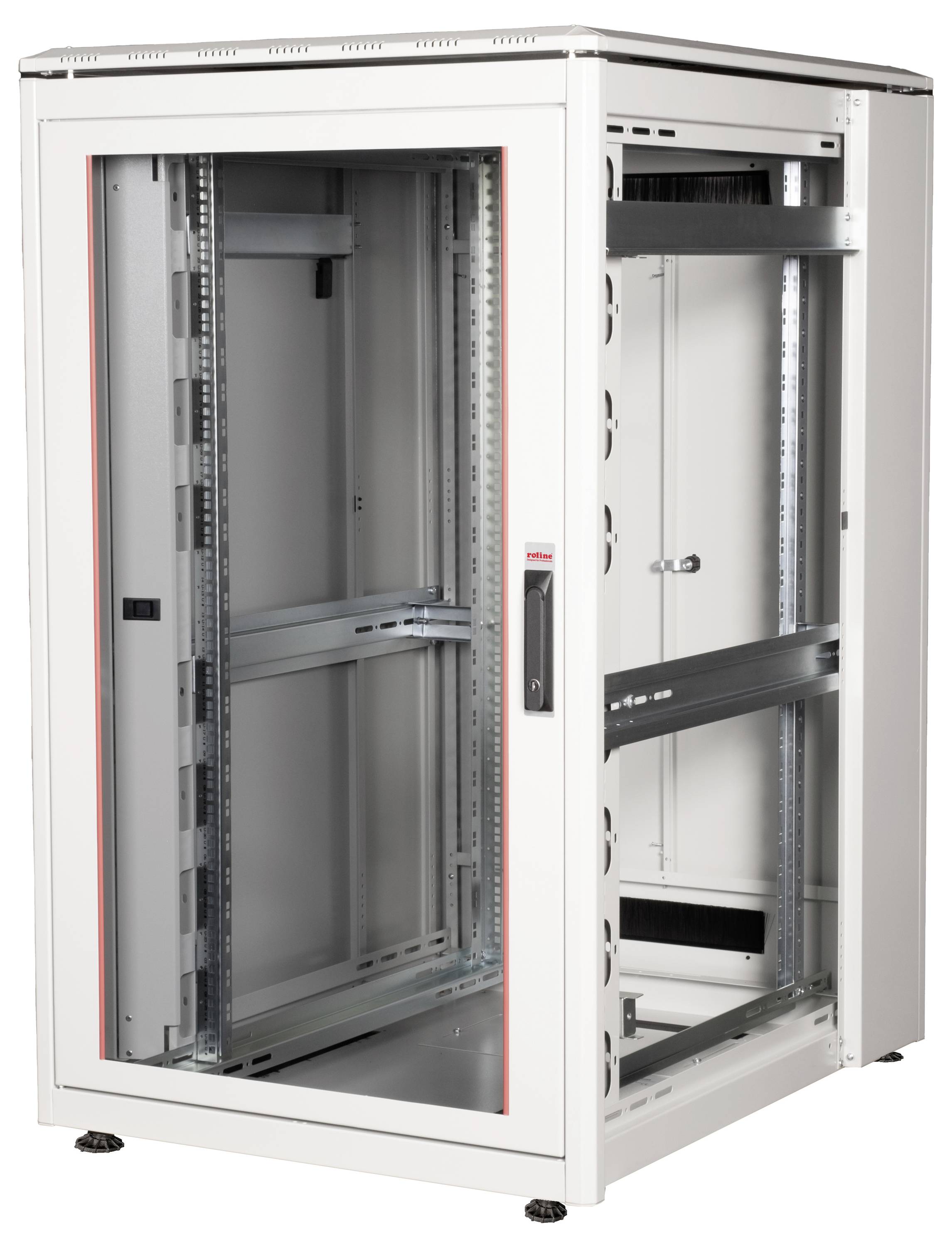 Ein weißes Server-Rack-Gehäuse, teilweise geöffnet. Es zeigt innenliegende Montageschienen und bietet Platz für IT-Ausrüstung.