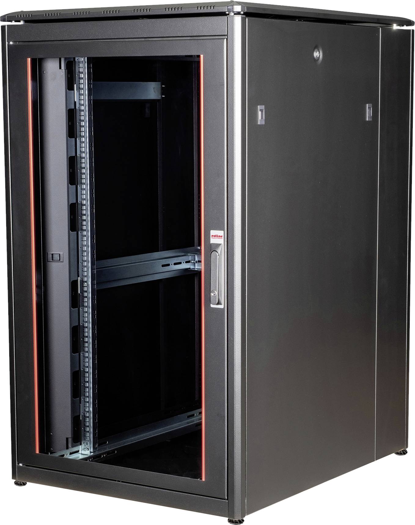 Schwarzer Computerserver-Schrank mit Glastür, leer, mit roten Akzenten und geschlossenem Sicherheitsgriff, geeignet für IT-Ausrüstung.