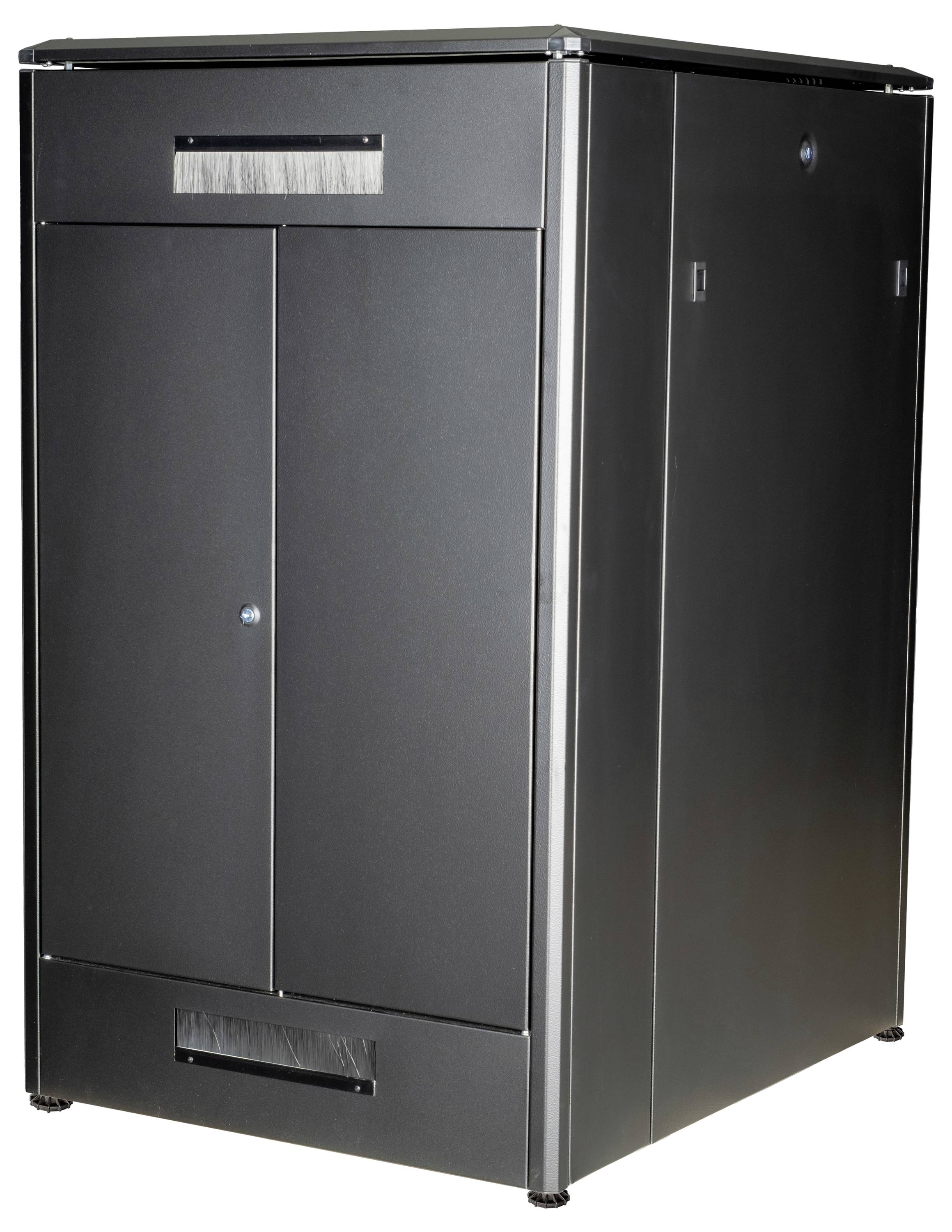 Ein schwarzer, rechteckiger Metallschrank mit zwei verschließbaren Türen und glatter Oberfläche. Der Schrank steht auf kleinen Füßen.