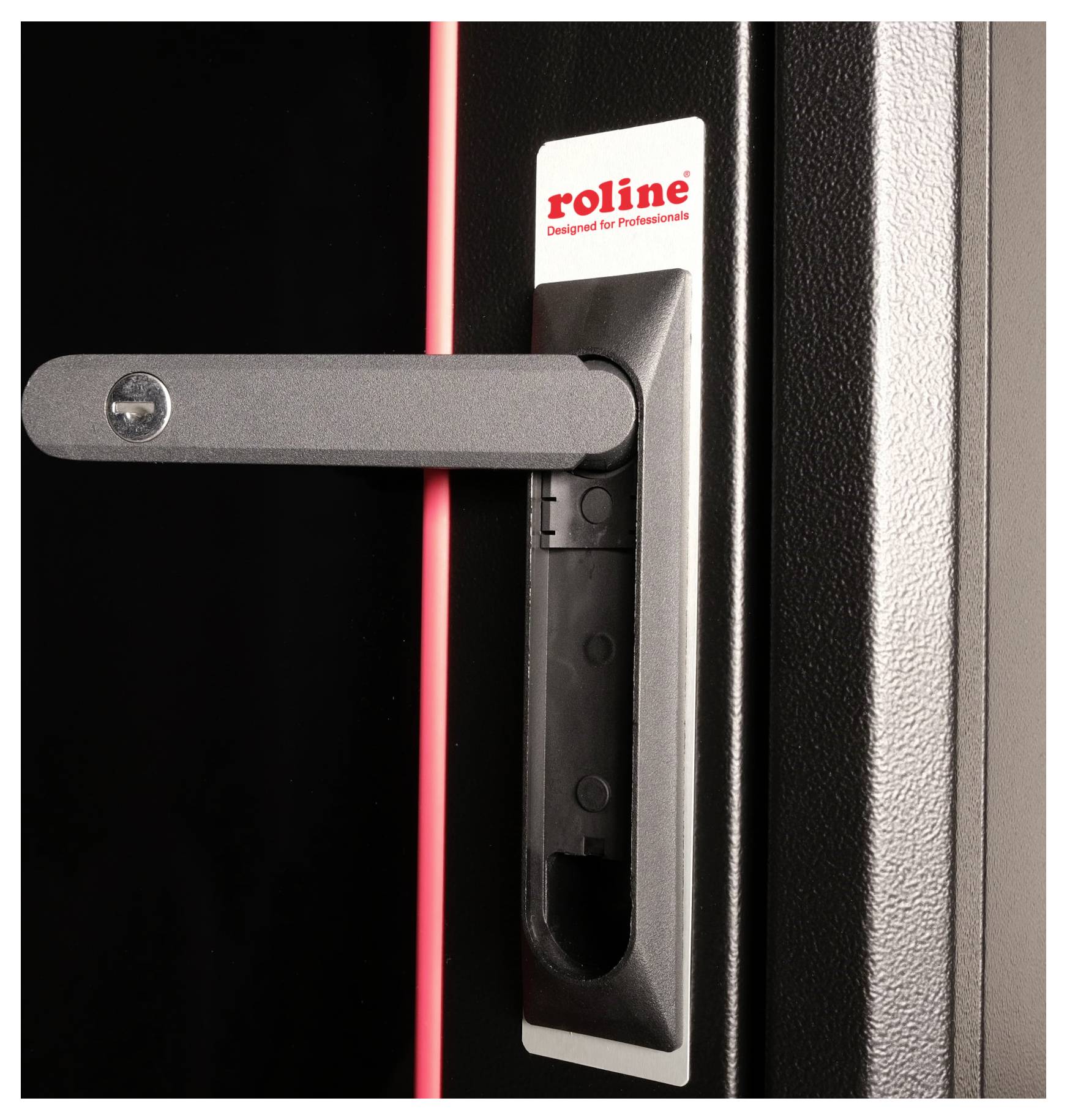 Schwarzer Türgriff mit 'roline' Markierung auf einem Metallschrank. Design für professionelle Anwendungen.