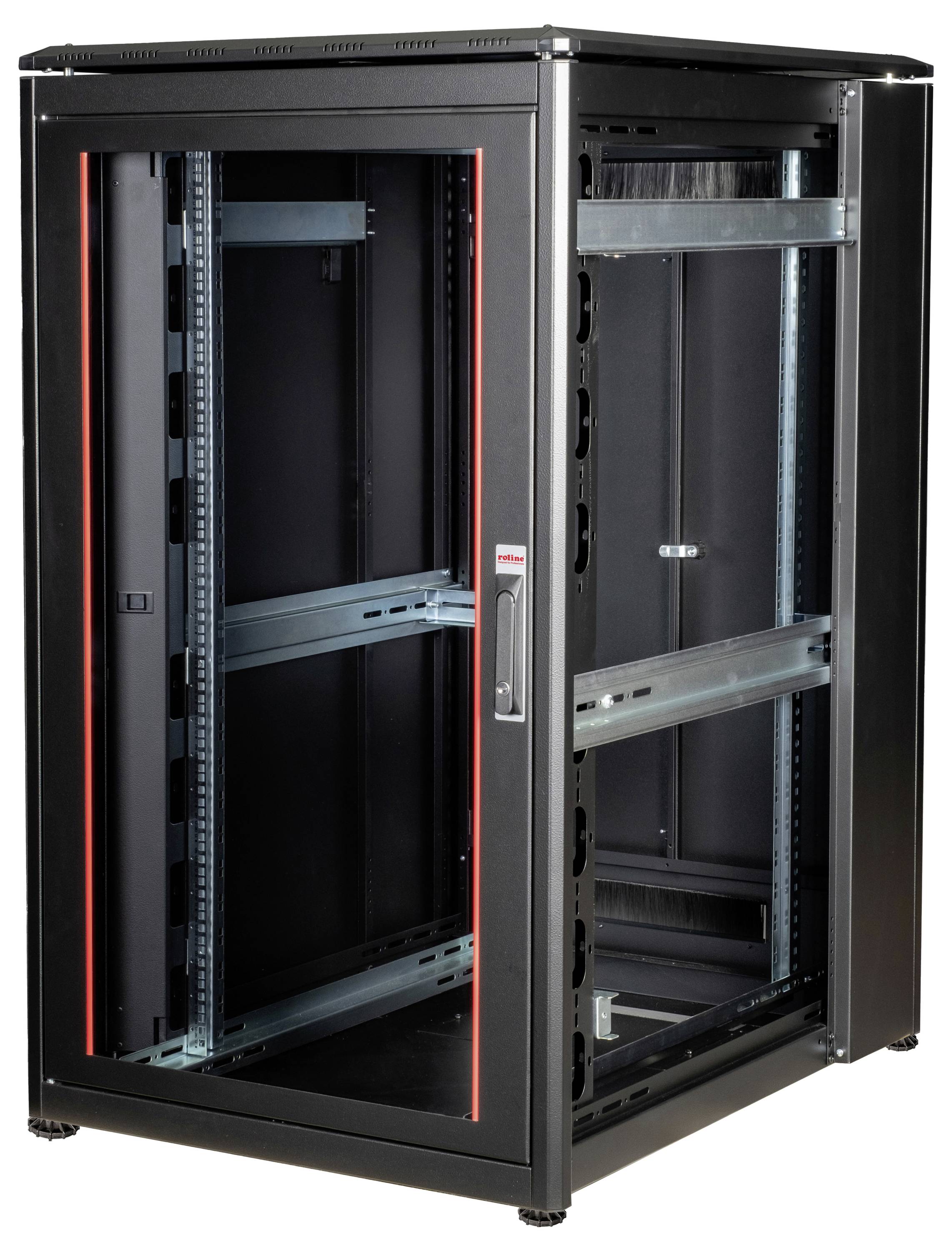 Schwarzes Server-Rack mit Glastür und rotem Rand. Es ist leer und zeigt die Schienen für die Montage elektronischer Geräte.