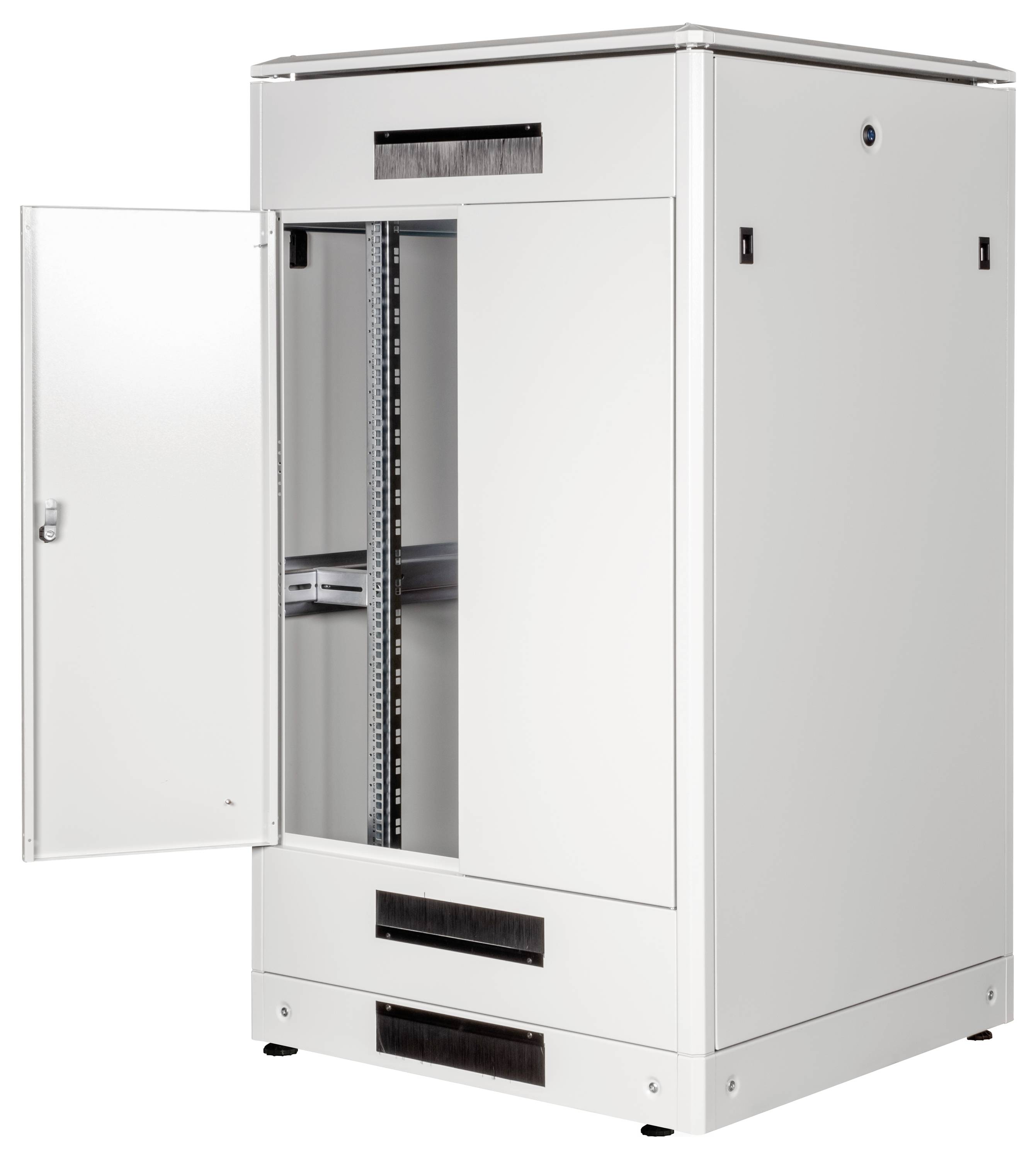 Ein weißer IT-Serverschrank mit geöffneter Tür. Innen sind Montageschienen sichtbar.