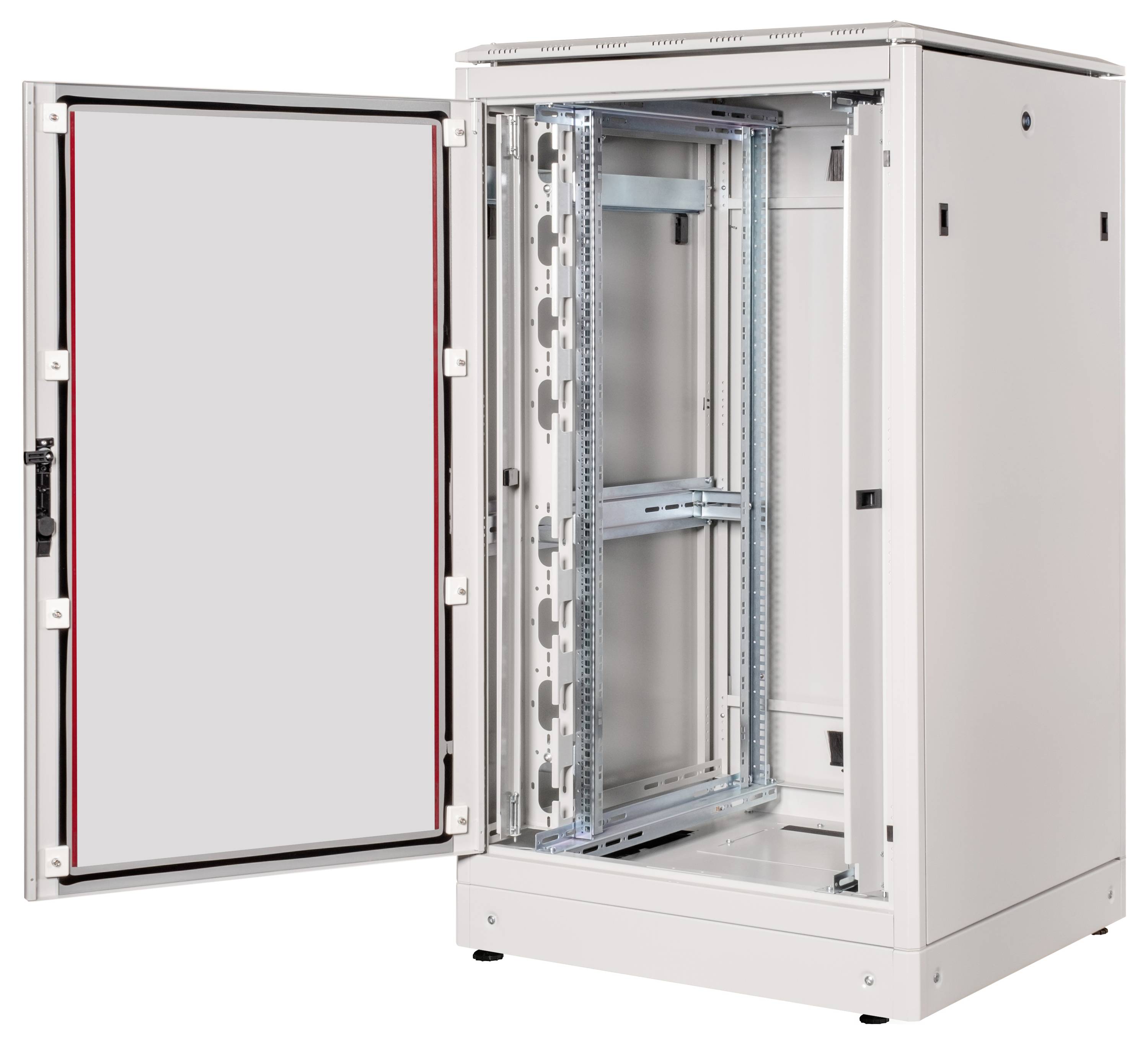 Offener Server-Rack-Schrank zeigt Innenstruktur mit Montageschienen und Kabelmanagementsystem. Geeignet für IT-Equipment.