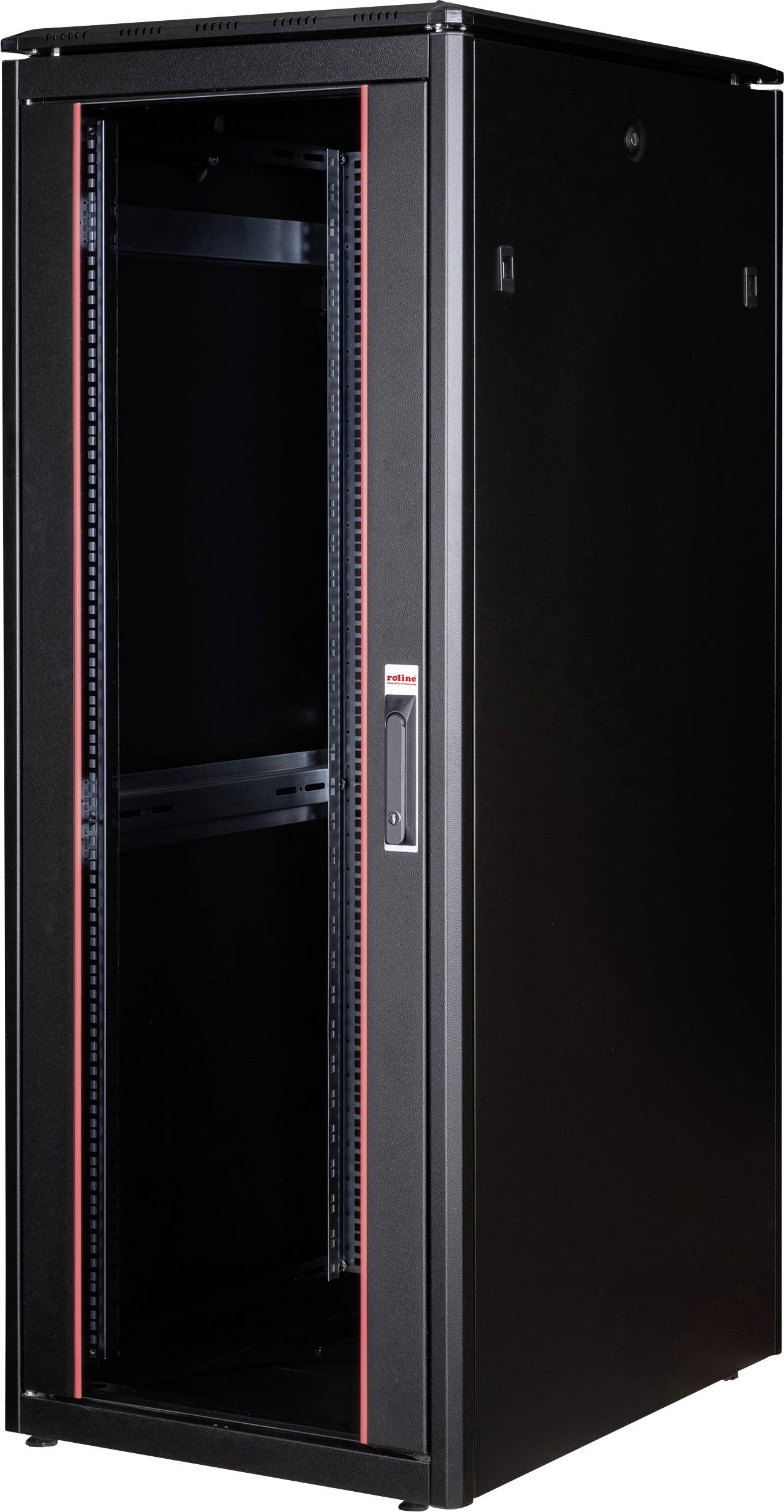 Schwarzer Server-Rack-Schrank mit rotem Streifen, geöffnete Tür, Platz für IT-Geräte, typische Ausrüstung für Rechenzentren.