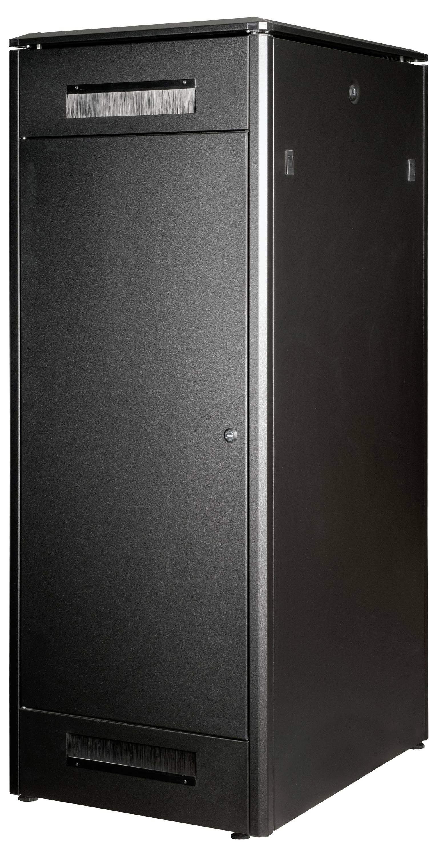 Ein schwarzer Server-Rackschrank mit verschlossener Tür, geeignet zur Aufbewahrung und Organisation von Netzwerkhardware in einem Rechenzentrum.