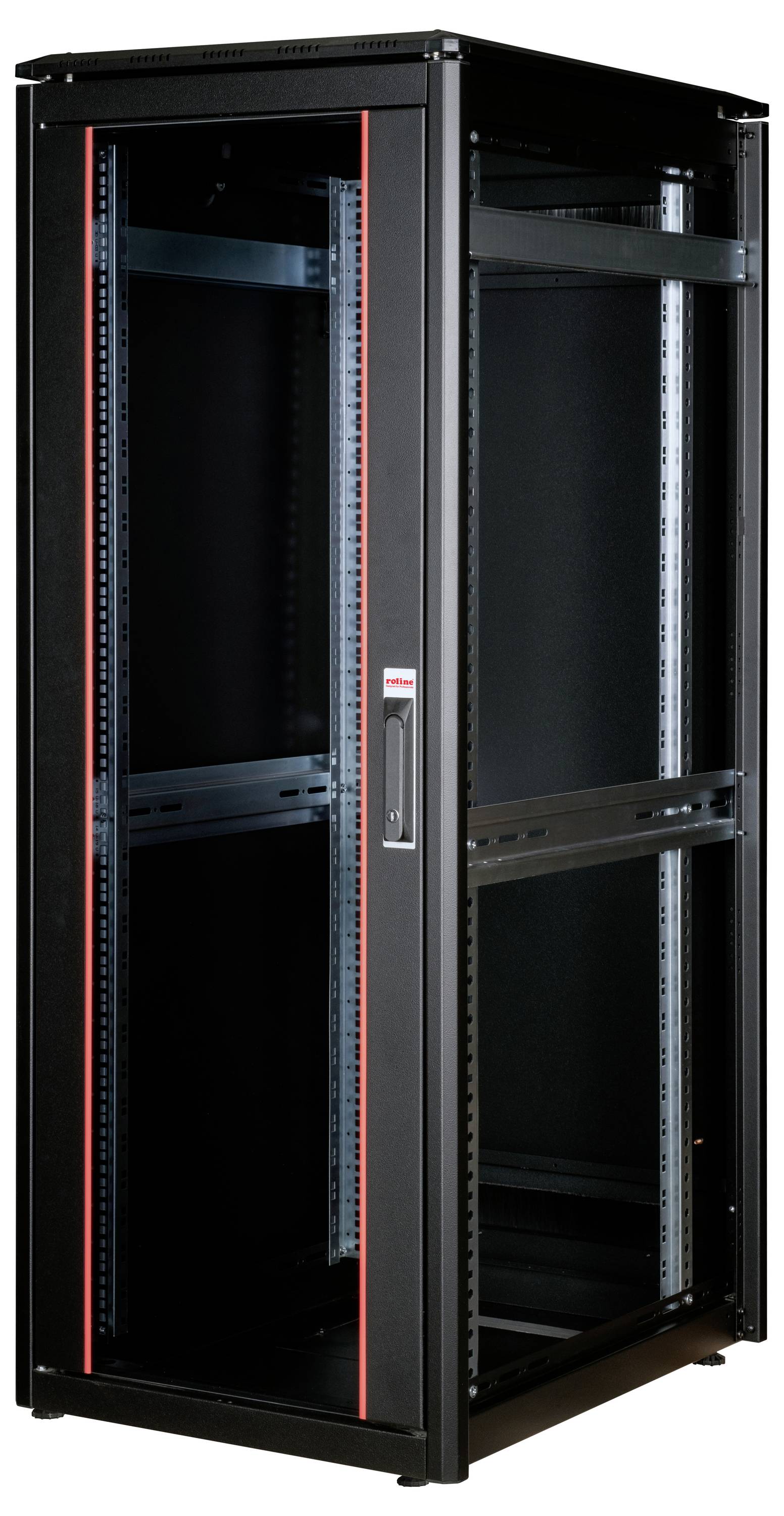 Ein schwarzer Serverrack mit roten Akzenten steht leer. Die Tür ist durchsichtig und zeigt Innenregale ohne Geräte oder Kabel.