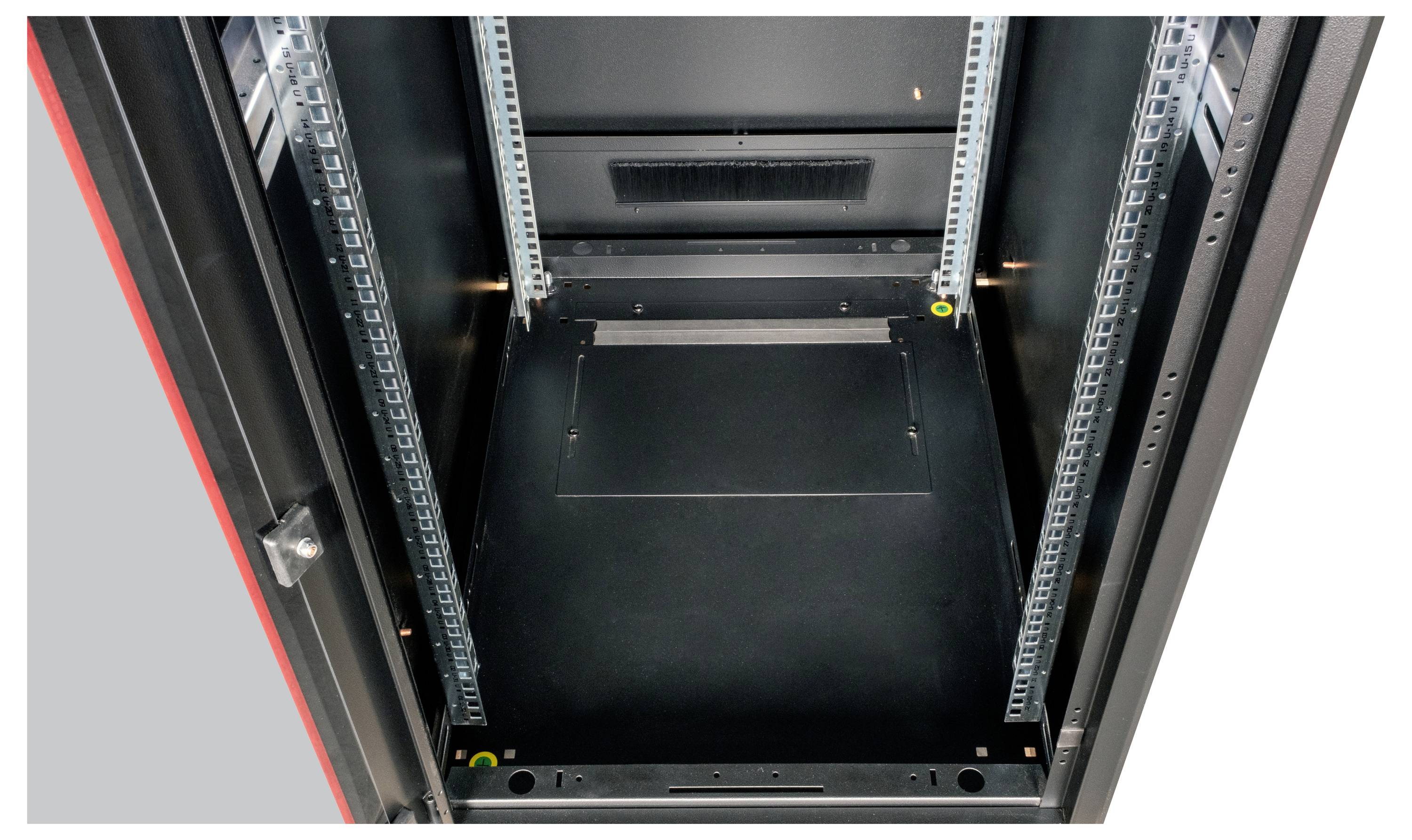 Ein leerer, schwarzer Server-Rack-Schrank mit offenen Türen, bereit für die Installation von Netzwerkausrüstung oder Servern.