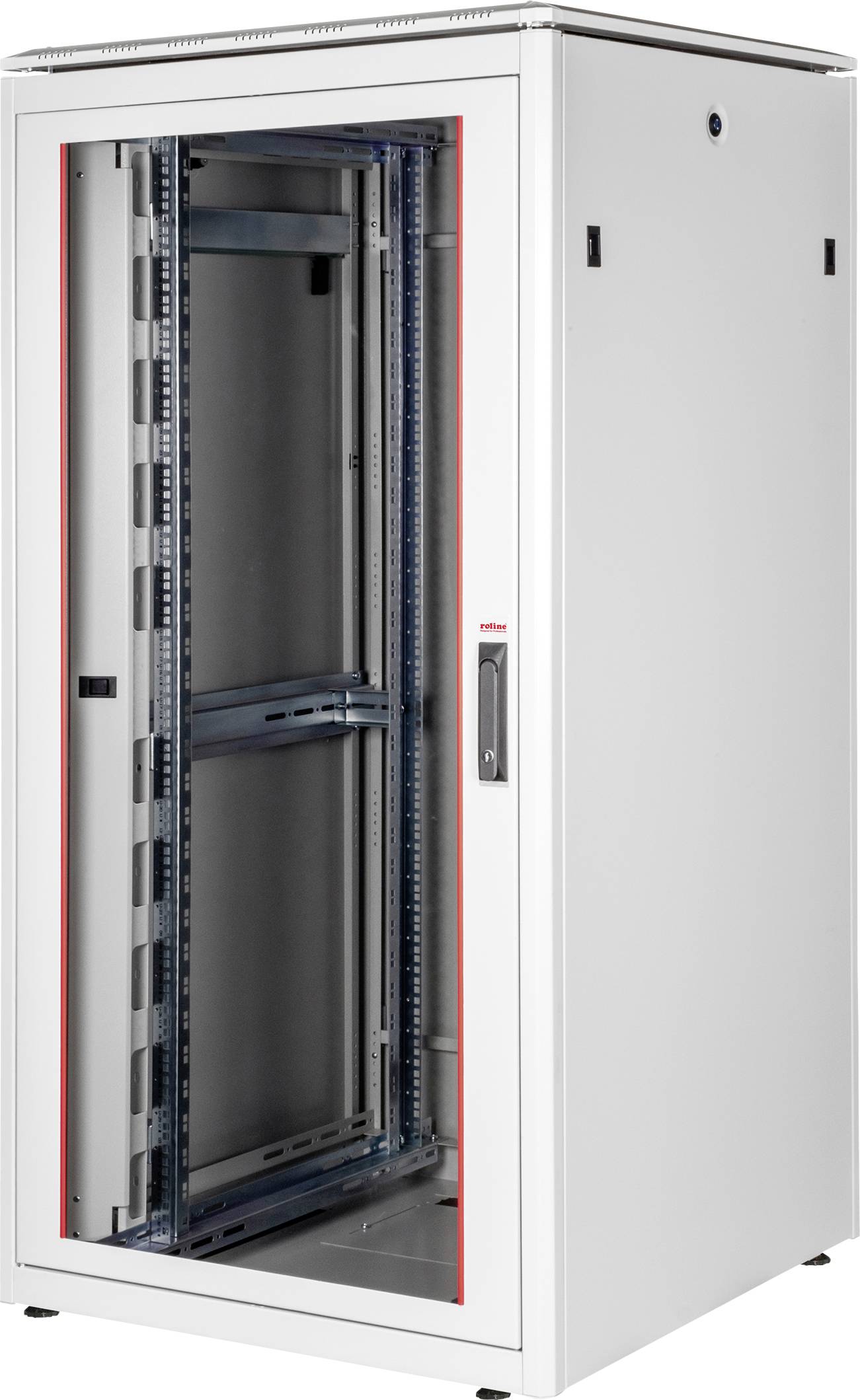 Weißer Server-Rack-Schrank mit Glastür, teilweise geöffnet. Enthält keine Geräte. Geeignet für Netzwerk- und Computerhardware.