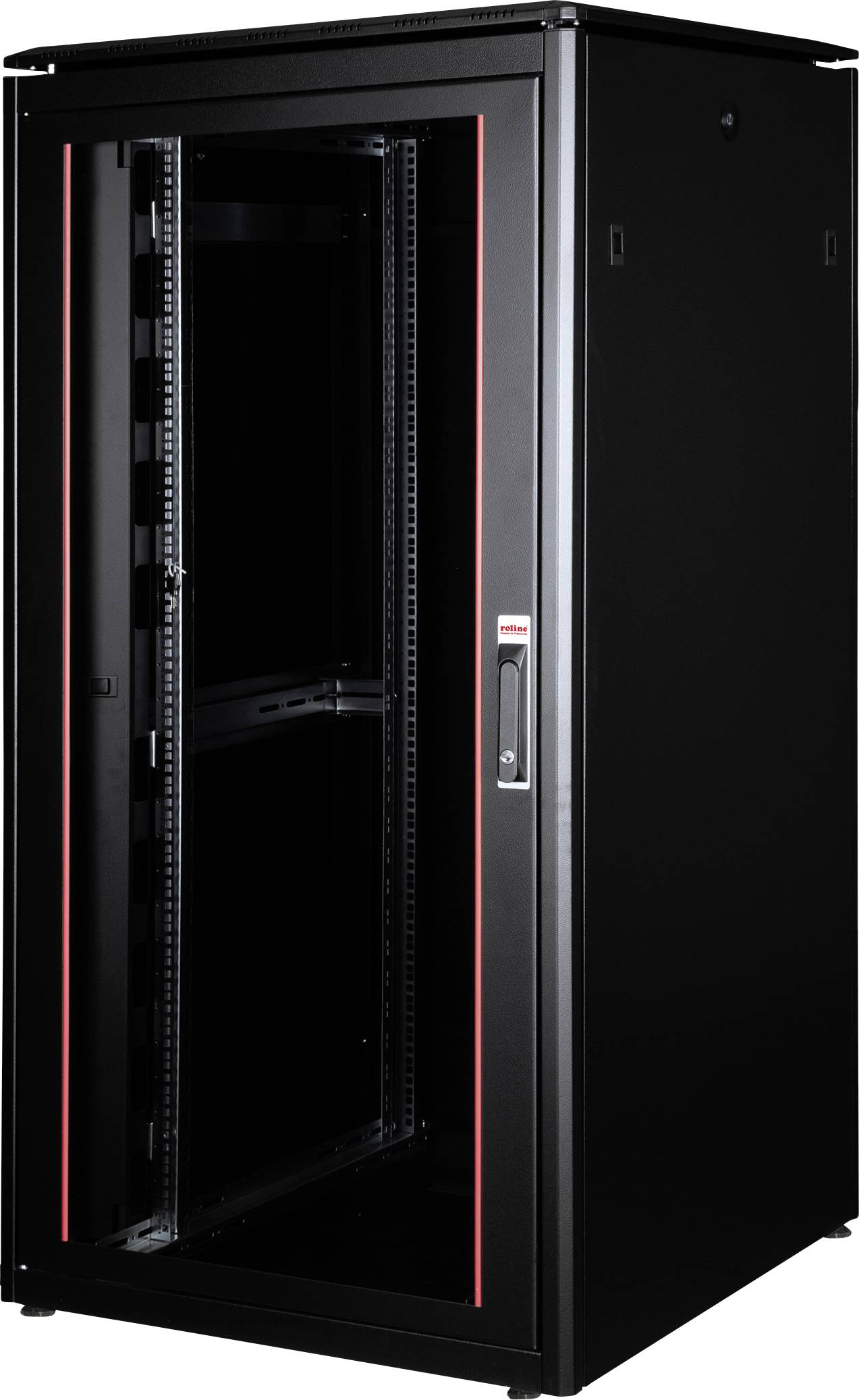 Ein schwarzer Server-Rack-Schrank mit einer Glastür, teilweise geöffnet, zeigt leere Regale. Kein zusätzlicher Inhalt sichtbar.