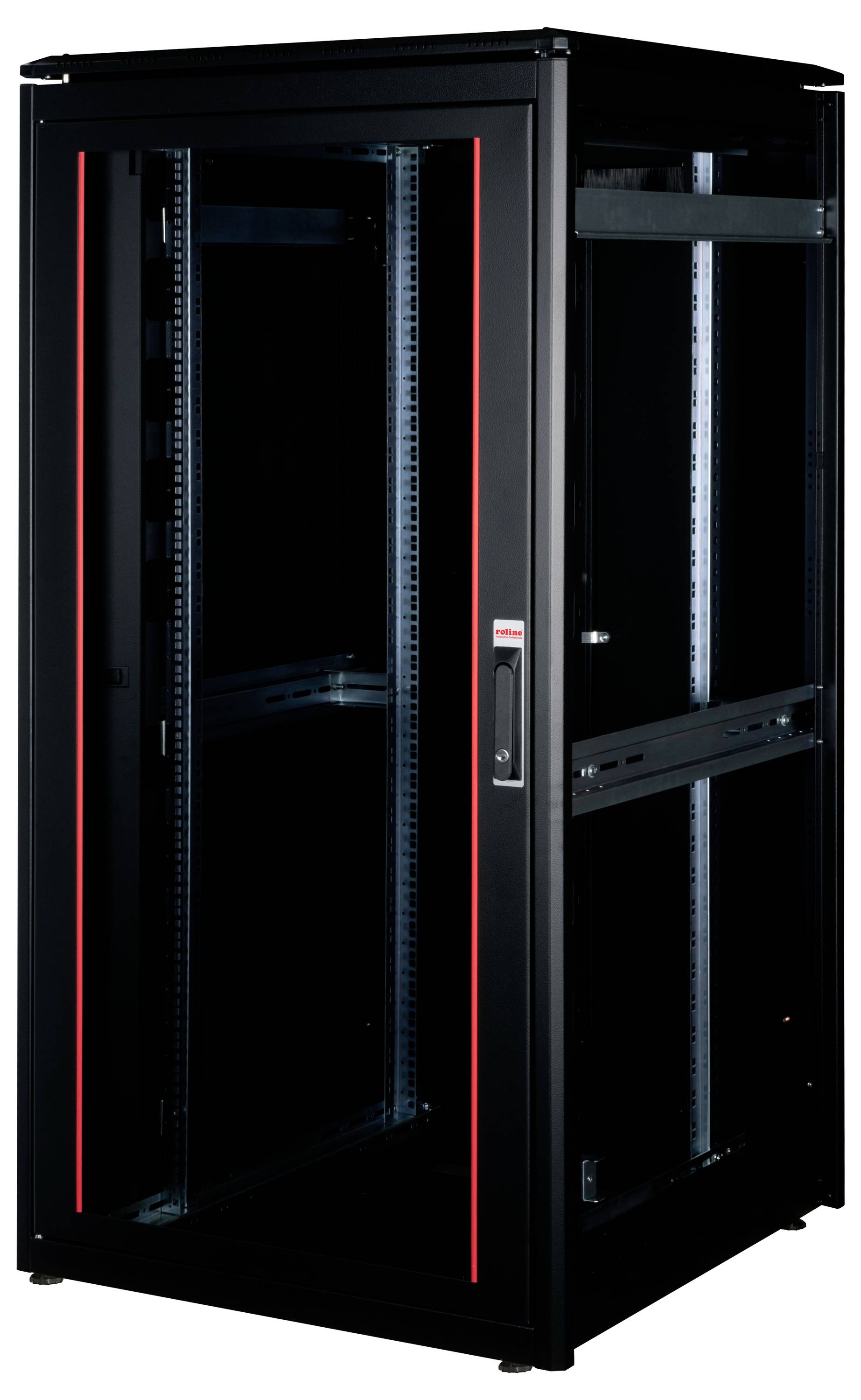 Schwarzer Server-Rack-Schrank mit roten Akzenten, leer, geeignet zur Unterbringung von IT-Geräten für Rechenzentren oder Netzwerke.