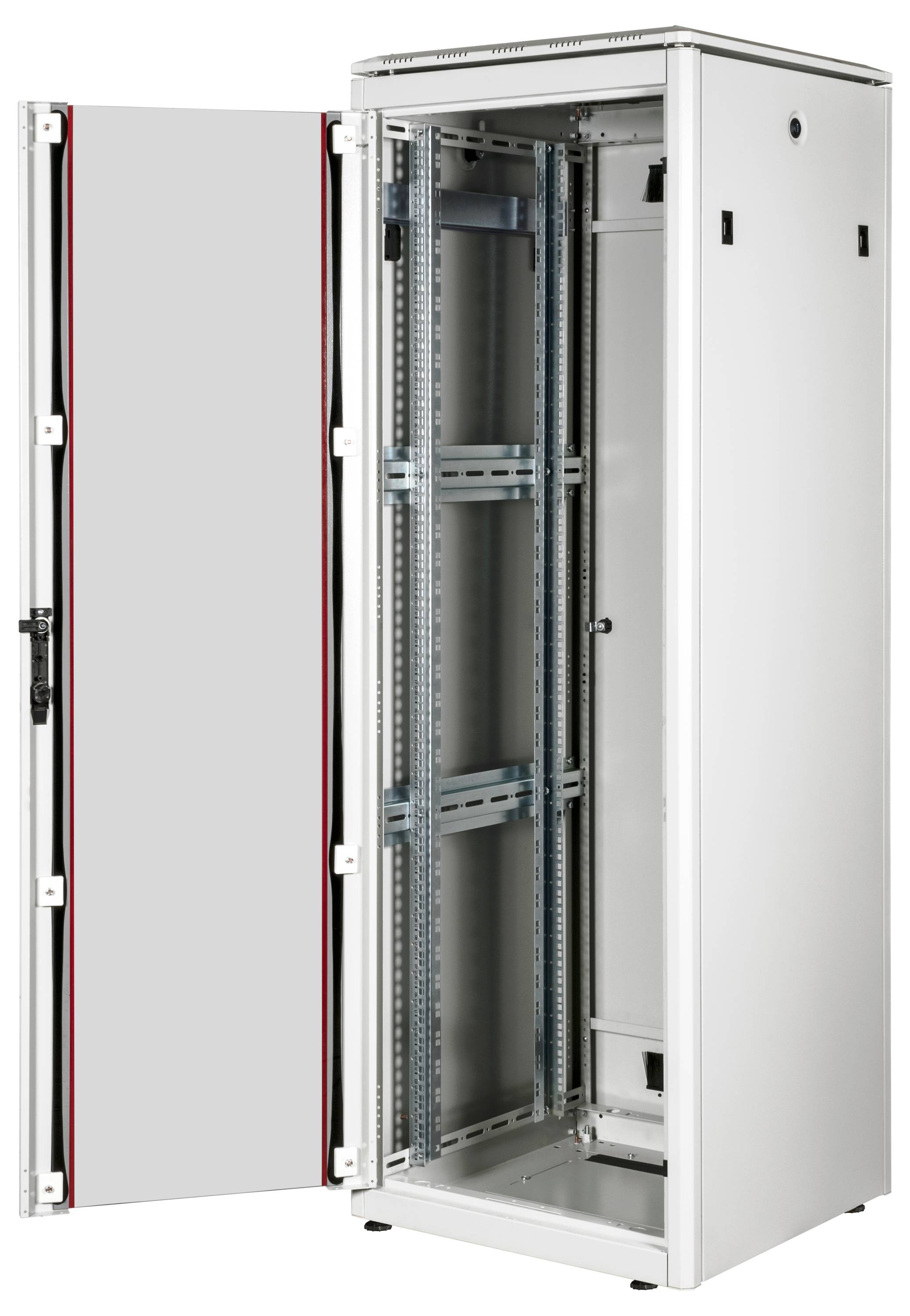 Ein offener, leerer Serverrack ohne Geräte. Türen des metallischen Schranks sind geöffnet und zeigen die Innenseite.