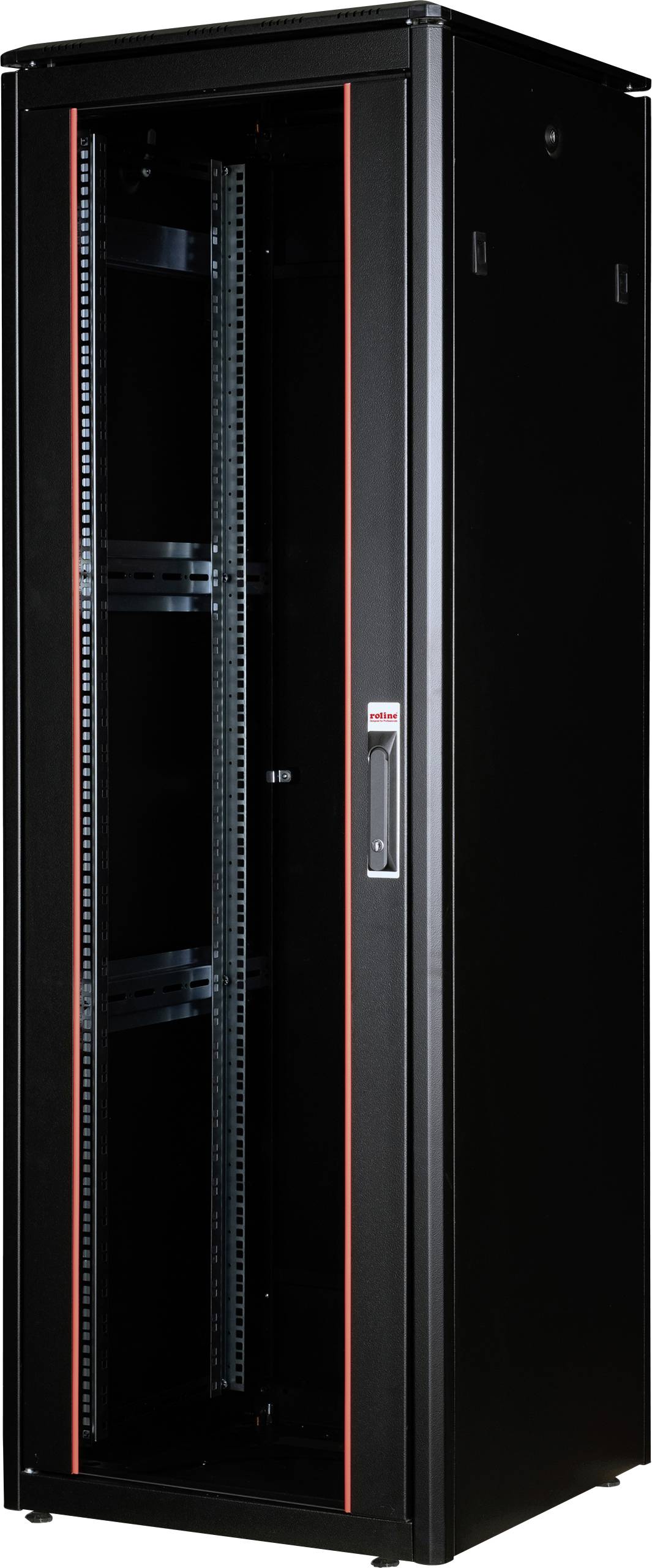 Ein schwarzer Server-Rack-Schrank mit transparentem Frontpanel und roten Akzenten. Ideal für die sichere Unterbringung von IT-Ausrüstung.