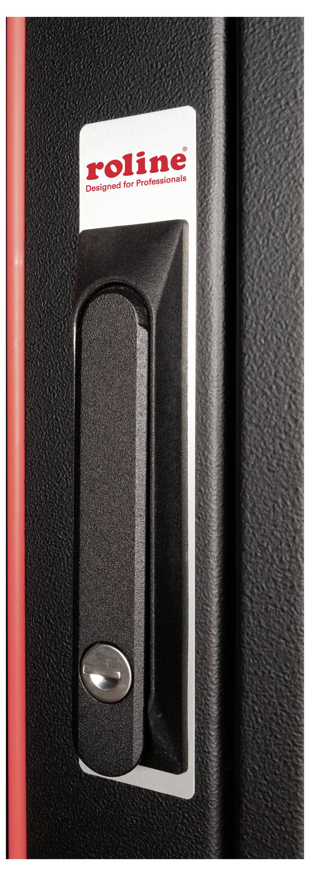 Türgriff eines schwarzen Schranks mit roter Seitenkante. Logo 'roline' und Slogan 'Designed for Professionals' auf silbernem Hintergrund.
