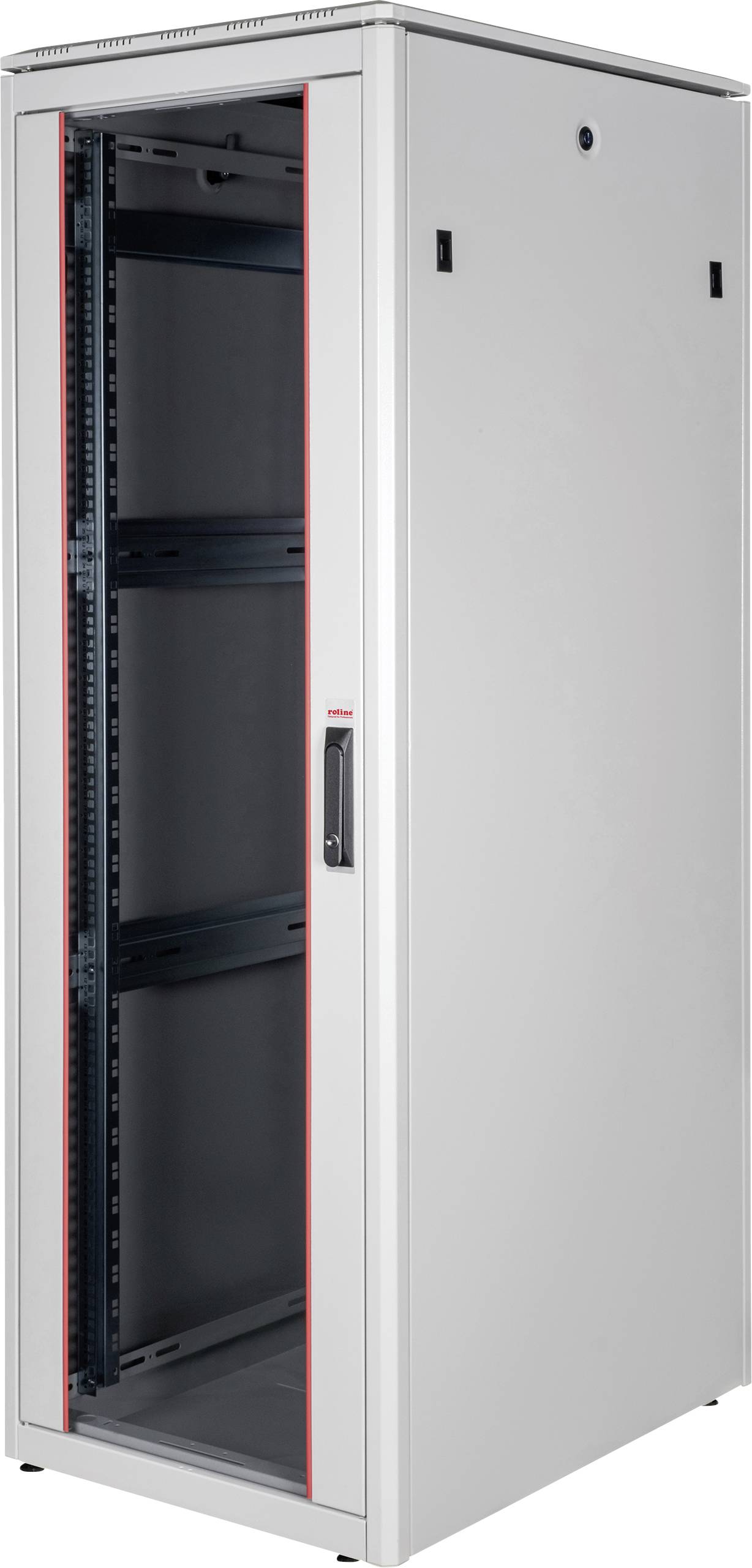 Ein weißer Serverschrank mit einem transparenten vorderen Türbereich und roten Akzenten, leer und bereit zur Installation von IT-Geräten.