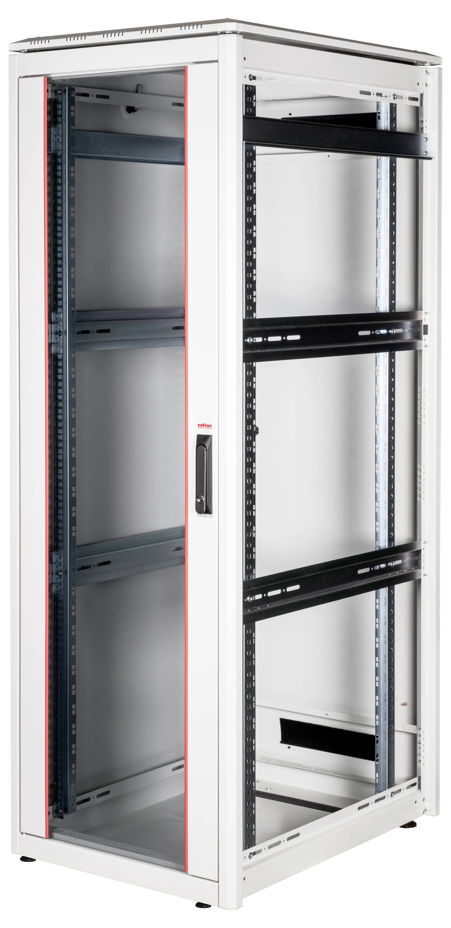 Ein leerer, weißer Server-Rack-Schrank mit Glastür und schwarzen Akzenten, geeignet zur Aufnahme von Servern und Netzwerkgeräten.