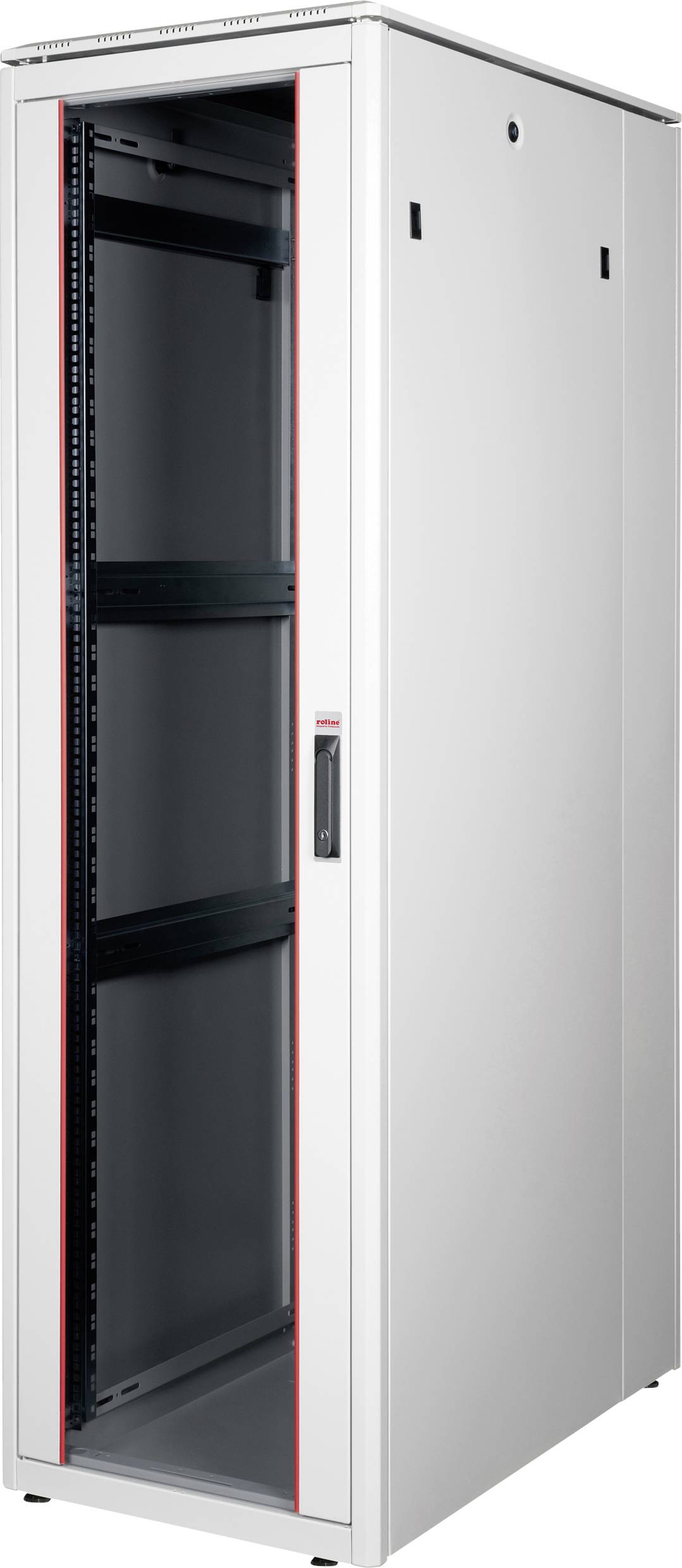 Ein großer, silberner Server-Rack-Schrank mit Glastür, geeignet zur Aufbewahrung von Netzwerk- und Computergeräten in einem Rechenzentrum.