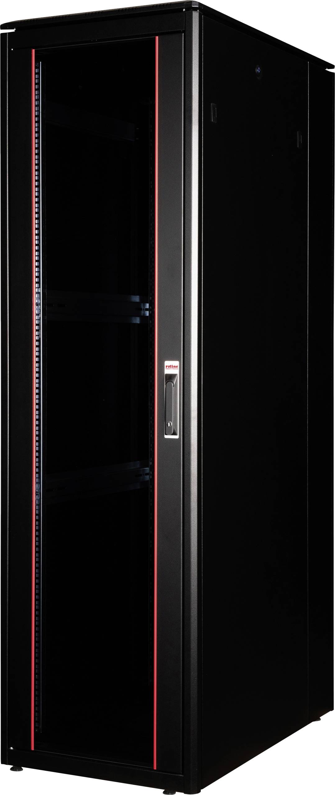 Ein schwarzer Server-Schrank mit Glastür, geeignet zur Aufbewahrung von Netzwerktechnik.