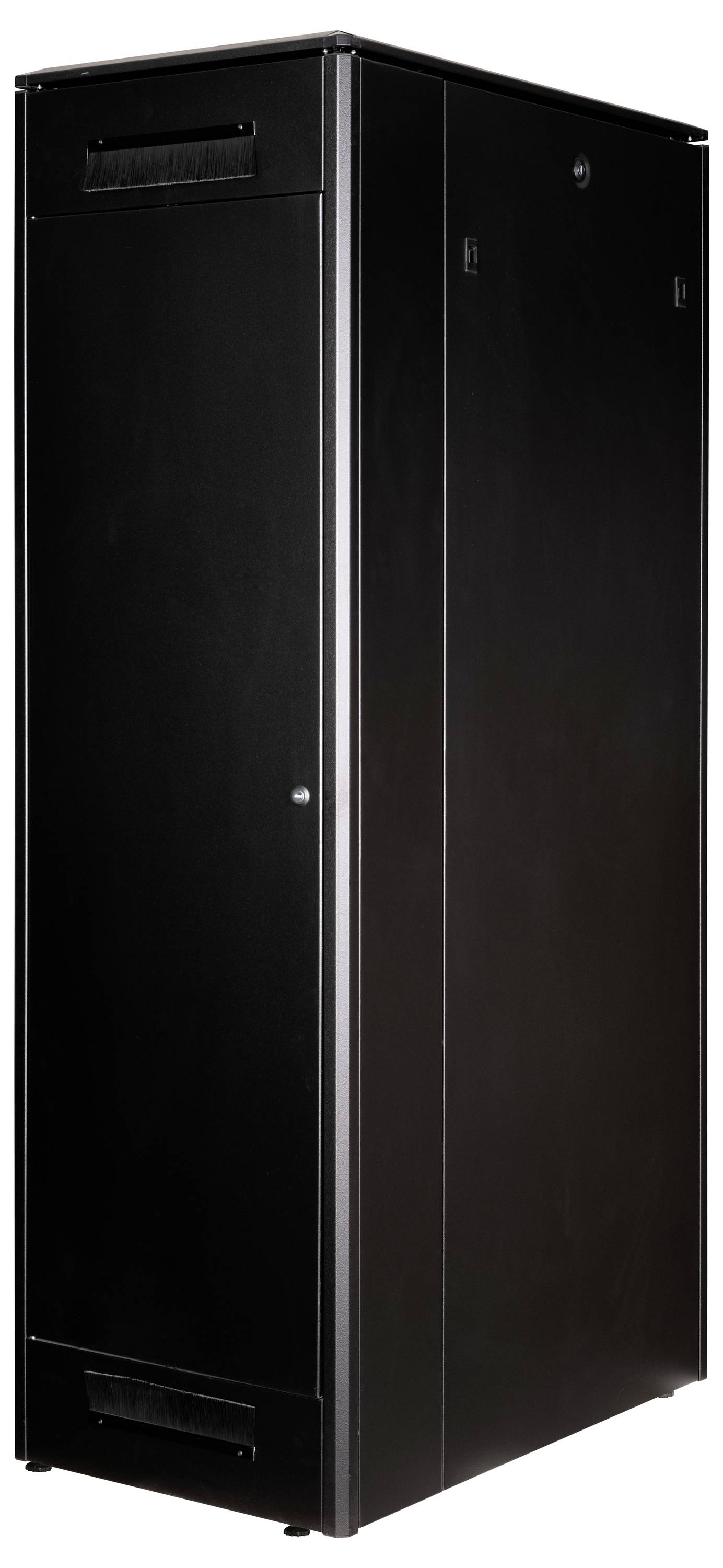 Ein schwarzer Server-Schrank mit geschlossenem Türdesign, geeignet zur sicheren Aufbewahrung und Kühlung von Netzwerkgeräten.