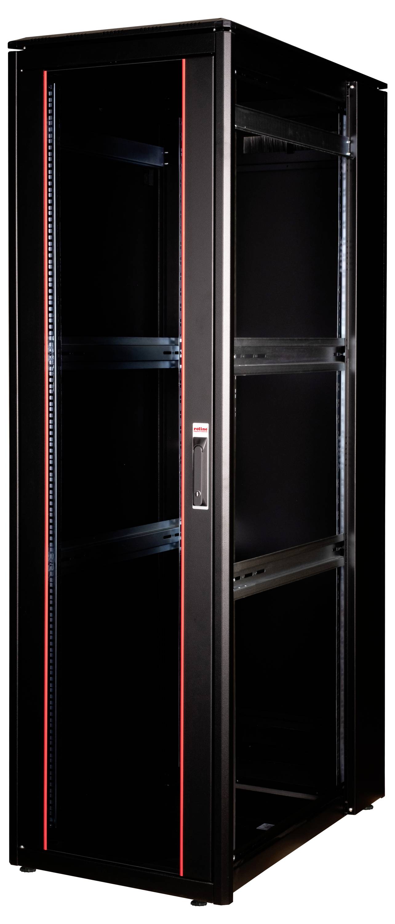 Ein schwarzer Server-Rack-Schrank mit Glastür, rotem Vertikalstreifen und mehreren internen Regalen.