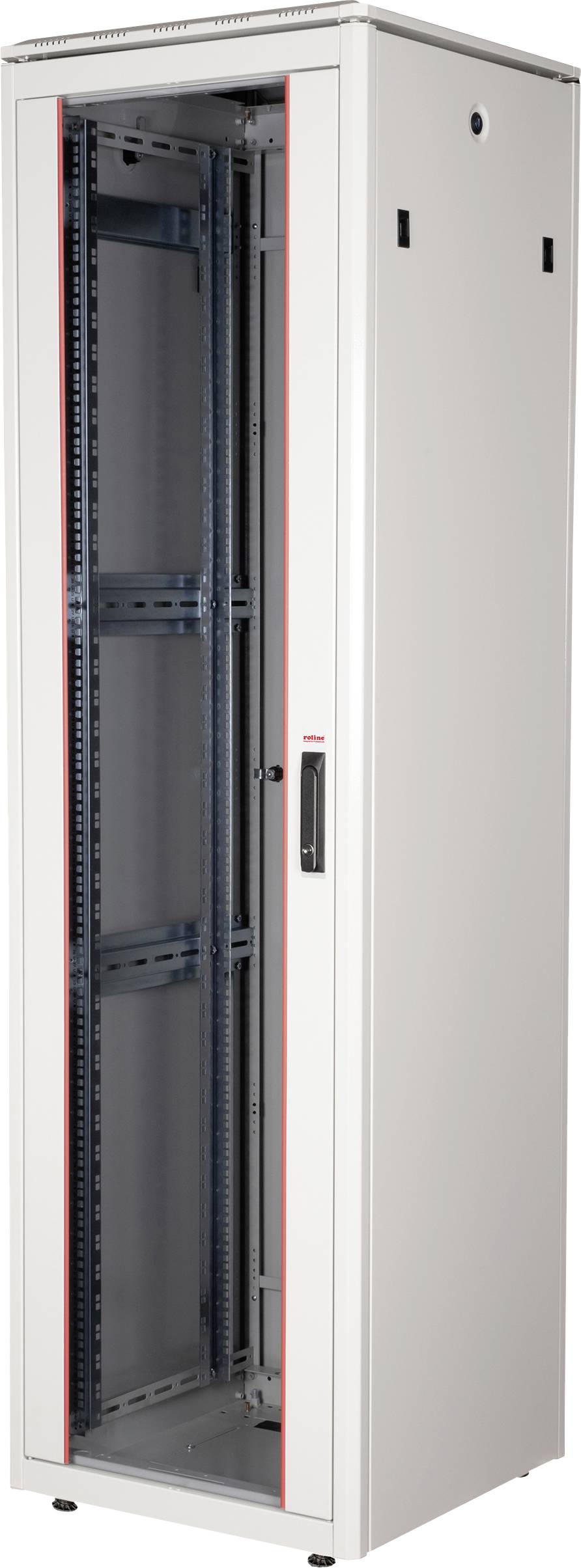 Ein leerer, hoher Server-Rack-Schrank mit seitlichem Sichtfenster und Lüftungsschlitzen, geeignet zur Aufnahme von IT-Geräten.