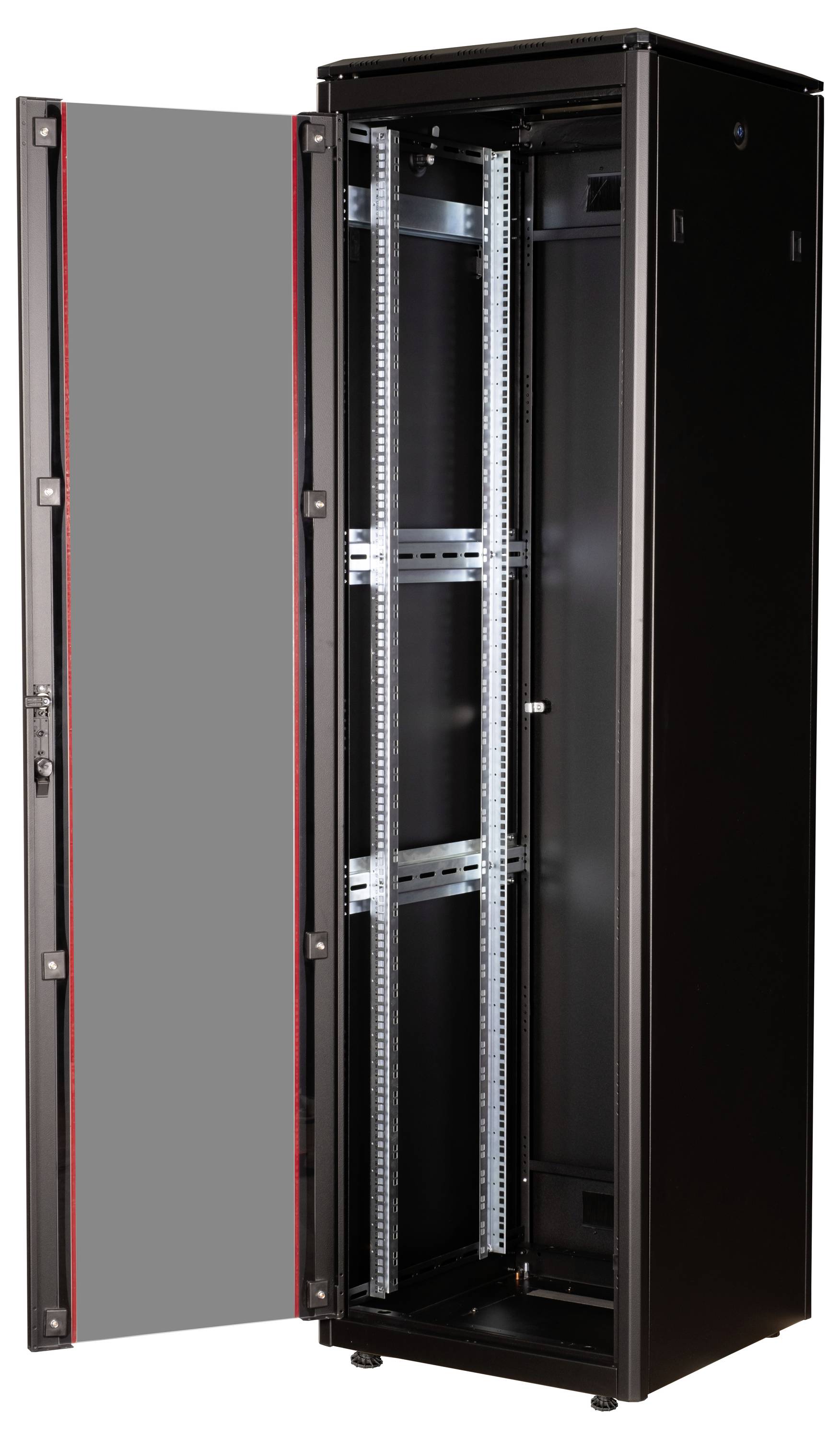 Schwarzer, offener Serversatzschrank mit sichtbaren Montageschienen und Tür. Eignet sich zur geordneten Anordnung von Serverhardware.