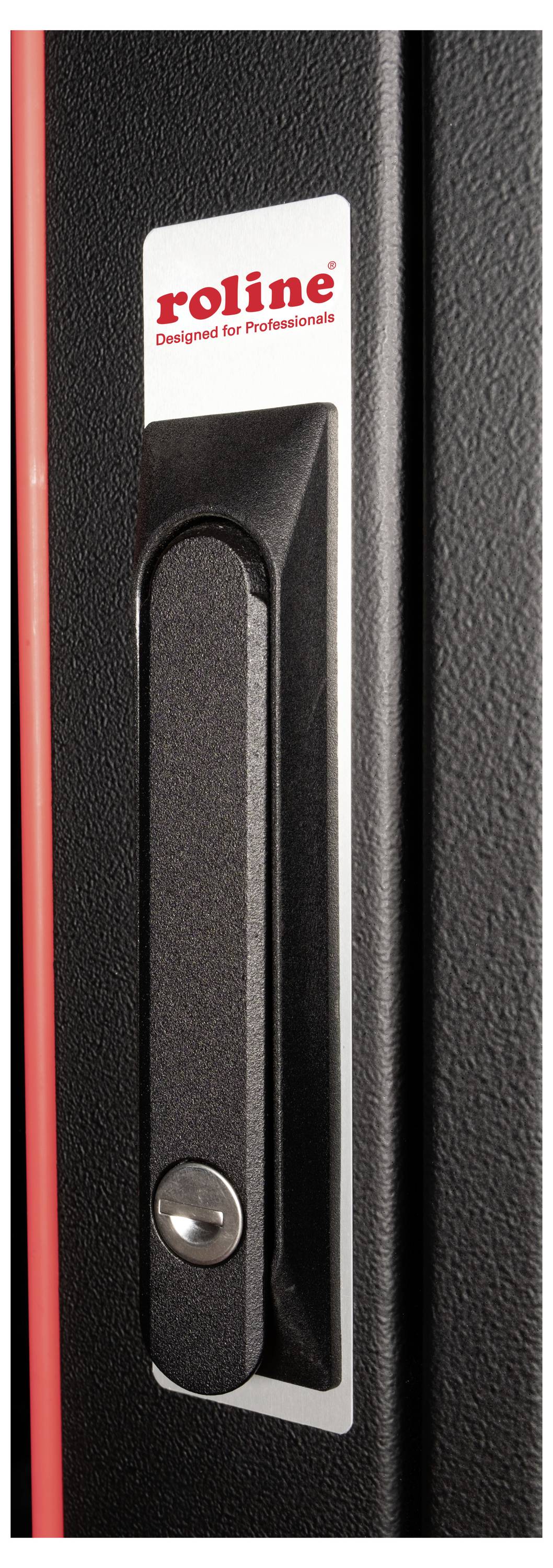 Schwarzer Türgriff eines Schaltschranks mit roter Linie und Logo 'roline - Designed for Professionals' oben.