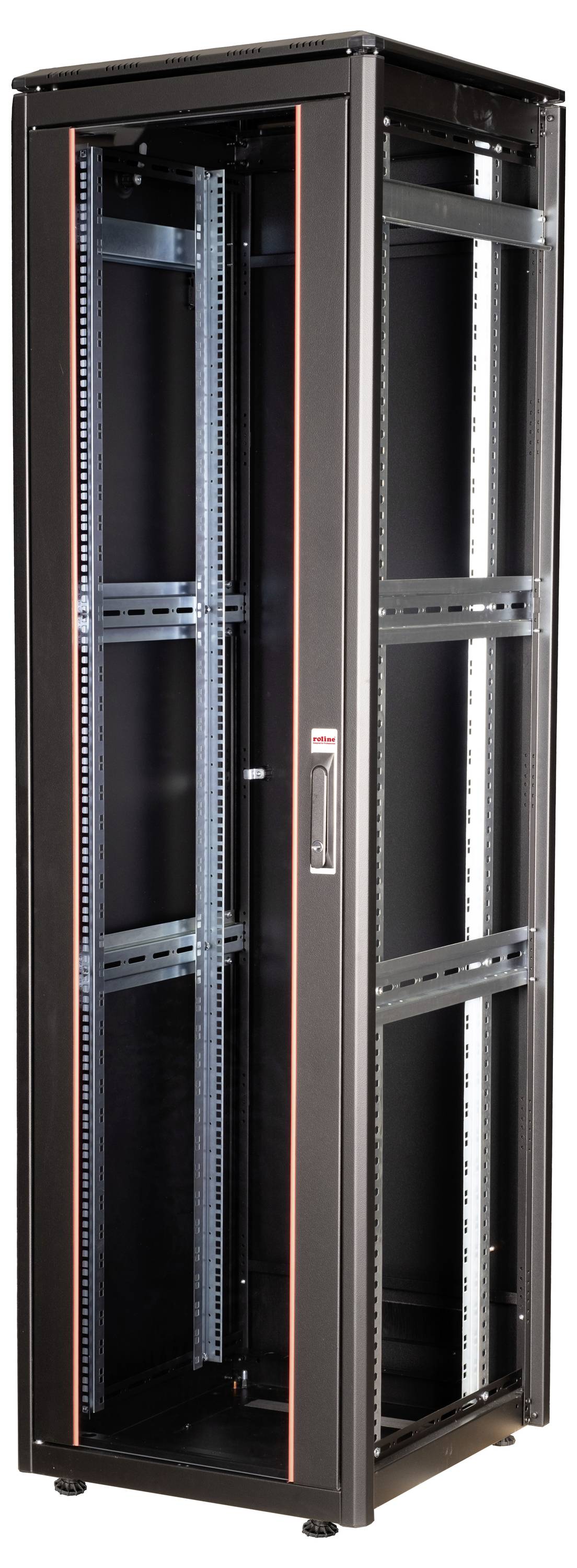 Ein schwarzes Server-Rack mit rotem Akzent, leer, ohne Server oder Kabel. Geeignet für IT-Infrastruktur in Rechenzentren.